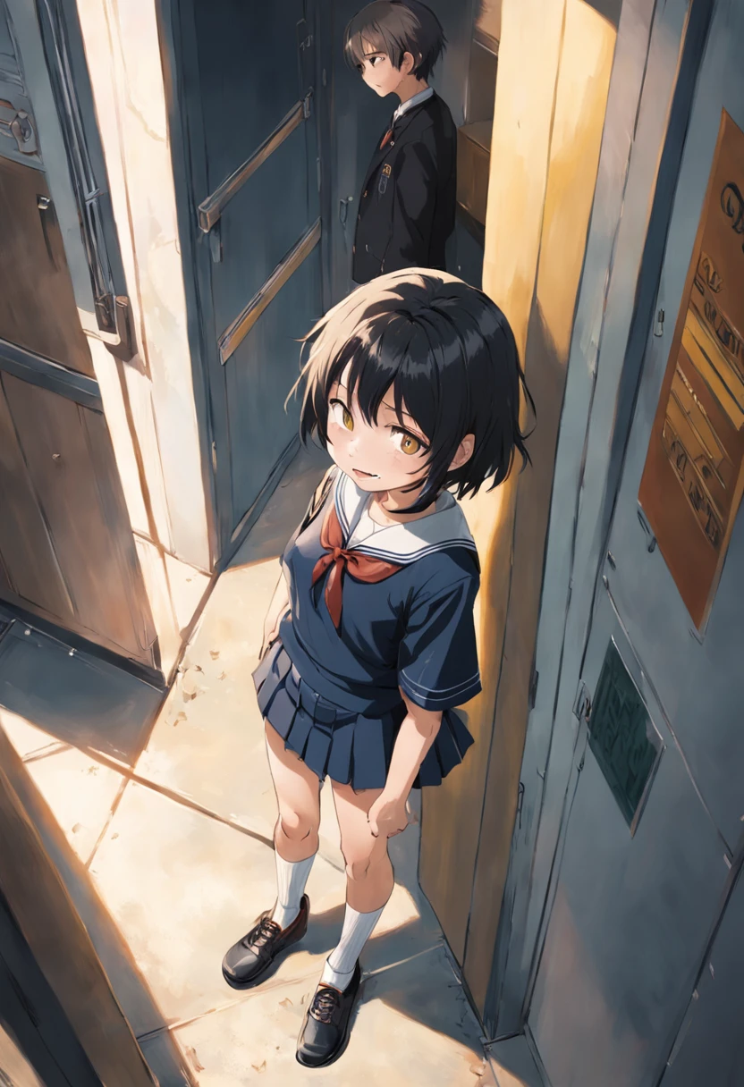 Best image quality full body detail golden ratio（Dramatic Lighting 0.7） Stunning High Angle RAW Photo（Short bob black hair、Tsuriformes、double tooth、Smiling 14 year old boy）、School Uniforms（Striped underwear、Striped High Socks）、Sunnyday、Daughter of a man standing on the roof of a school、from below looking up、 (extra detailed face)、Stunning low-angle RAW photos