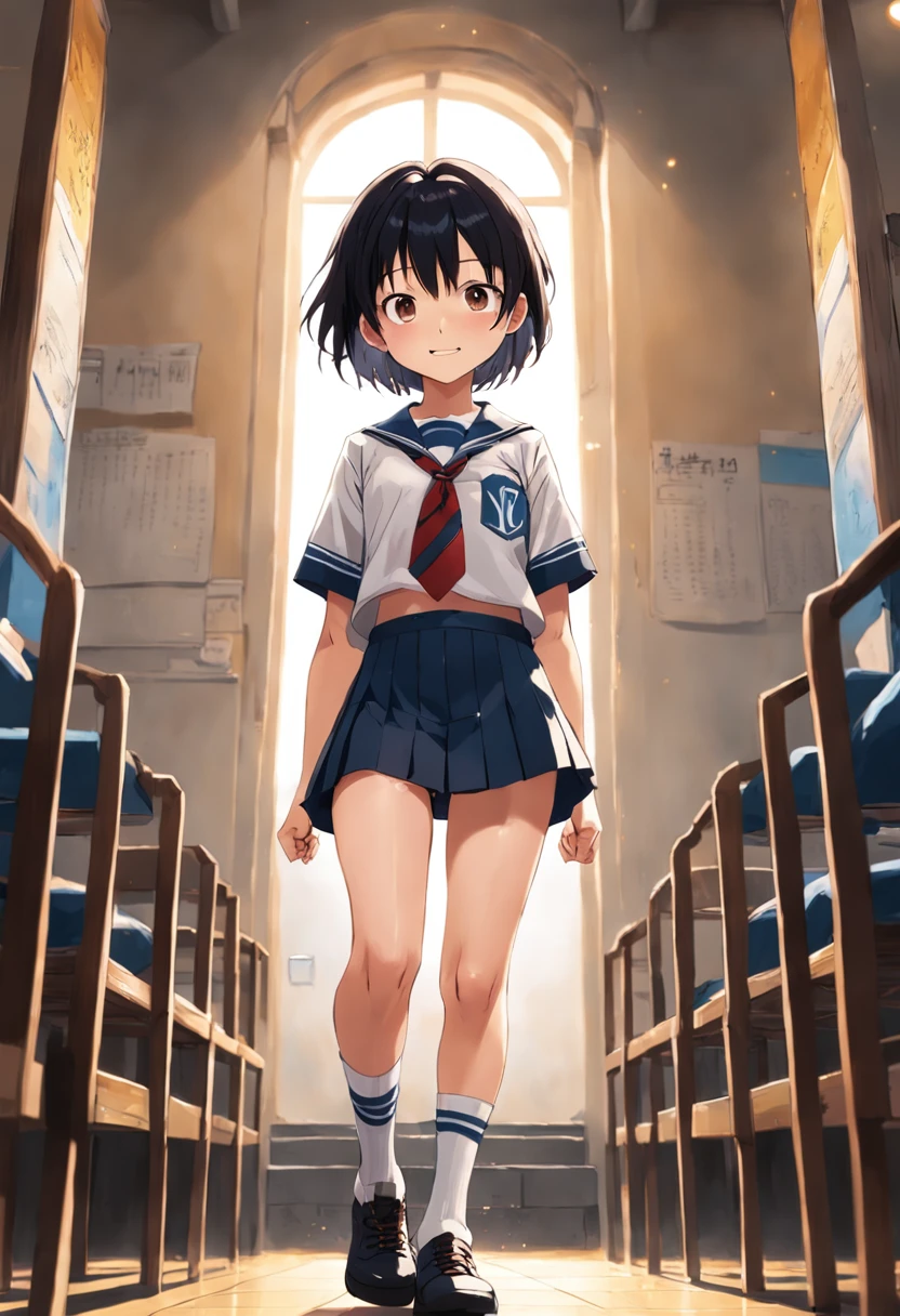 Best image quality full body detail golden ratio(Dramatic Lighting 0.7) Stunning High Angle RAW Photo(Short bob black hair、Tsuriformes、double tooth、Smiling boy)、School Uniforms(Striped underwear、Striped High Socks)、Sunnyday、Daughter of a man standing on the roof of a school、from below looking up、 (extra detailed face)、Stunning low-angle RAW photos