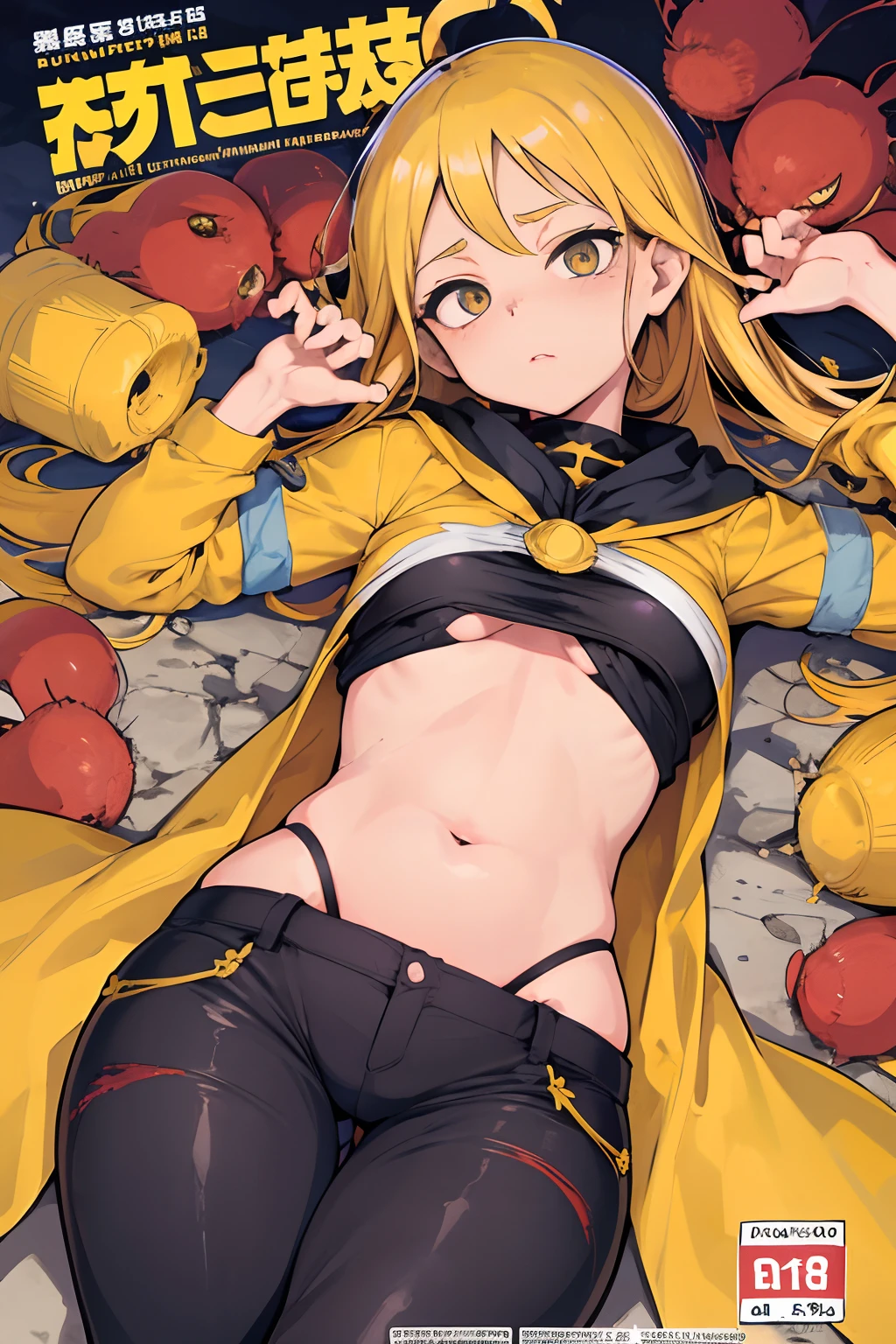 garota, Hands on fire, My Hero Academia, Fofa, tight pants, regata, musculoso, cabelo curto, cabelo preto, compositing, perspectiva, princesa, fundo incandecente, gradiente no fundo, Ultra Detalhado, tightly glued pants, pants with brown stains, yellow trousers, olhos amarelos, Composition cover, manga cover, capa de revista, deitada, hand on the belly, Hemorragia