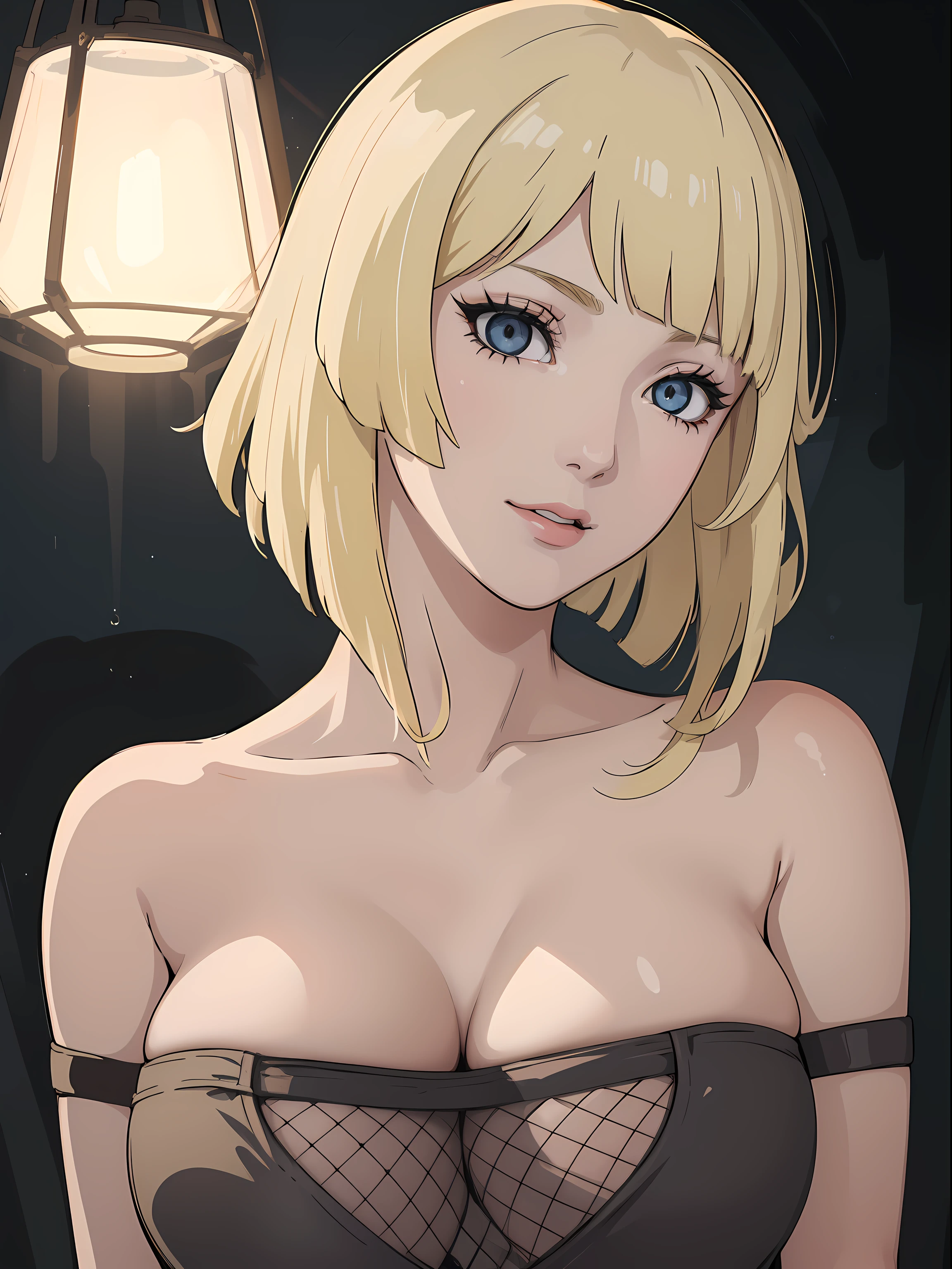 Best quality, masterpiece, ultra high res, 1girl, sexy, in the dark, deep shadow, low key, cold light, milf, blonde, dynamic light, cinematic lighting, cinematic lighting, down blouse, mature woman, middle parted hair, nsfw, natural breast, upper body, milf, samui, simple smile