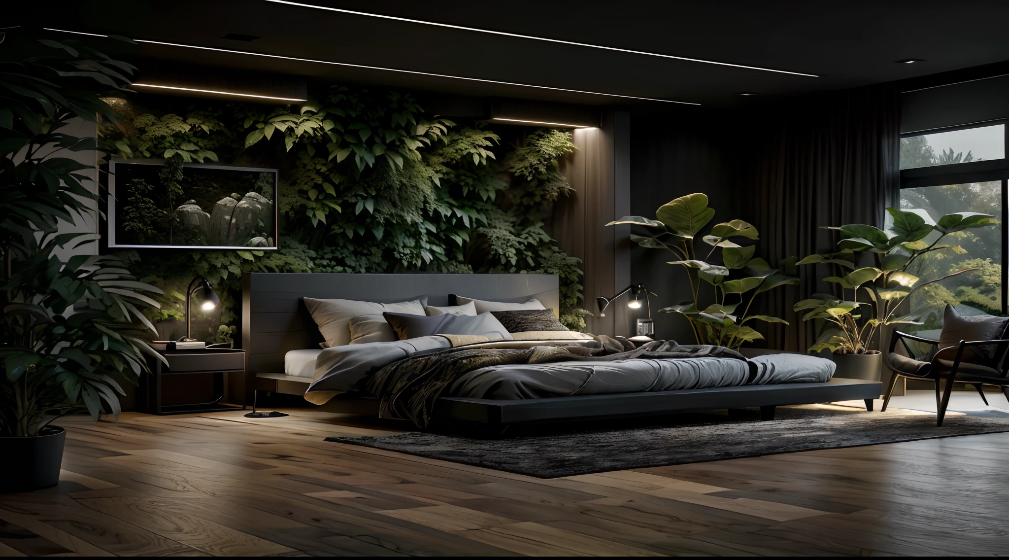 Quarto Arafed com uma cama, uma cadeira, e uma grande janela, quarto escuro, quarto mal iluminado, quarto de cama, interior escuro, ambiente luxuoso, sombrio e realista, with photorealistic lighting, sala interior mal iluminada, Apartamento com paredes pretas, enscape render, beautifully detailed render, ambiente relaxante, quarto fotorrealista, dense with greenery