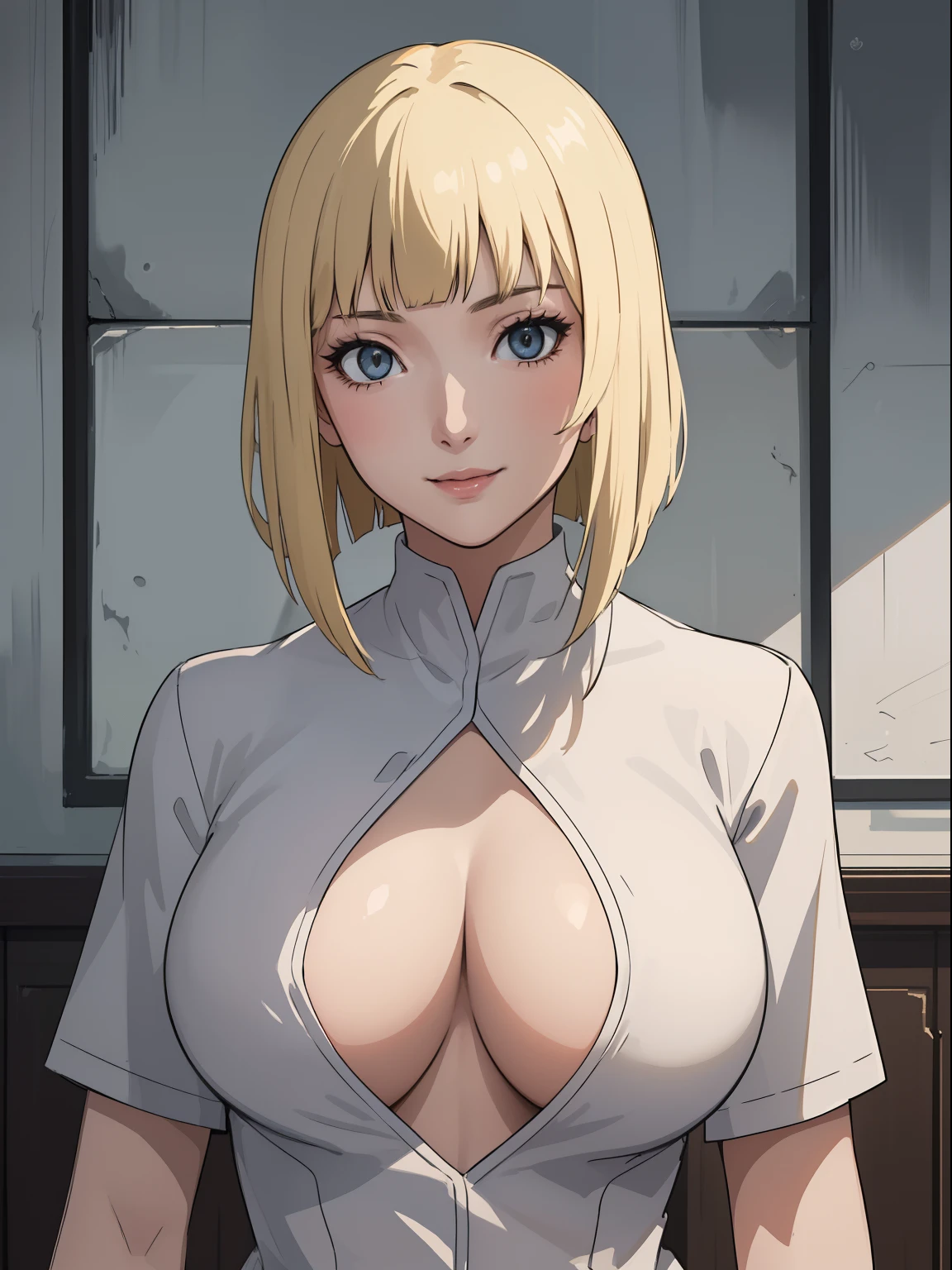 Best quality, masterpiece, ultra high res, 1girl, sexy, in the dark, deep shadow, low key, cold light, milf, blonde, dynamic light, cinematic lighting, cinematic lighting, down blouse, mature woman, middle parted hair, nsfw, natural breast, upper body, milf, samui, simple smile