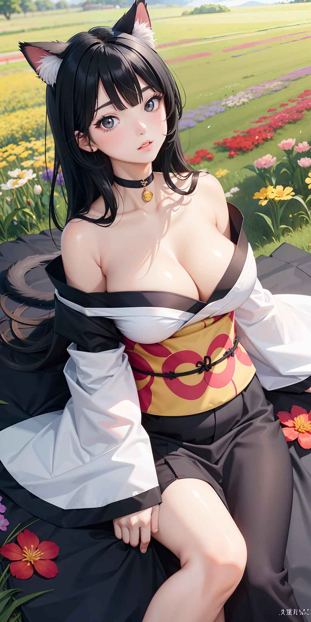 1 cat girl, big and full breasts ((black hair)) Japanese strapless kimono dropped sleeves, extremely sexy body, parted lips, field of flowers, beautiful flowers