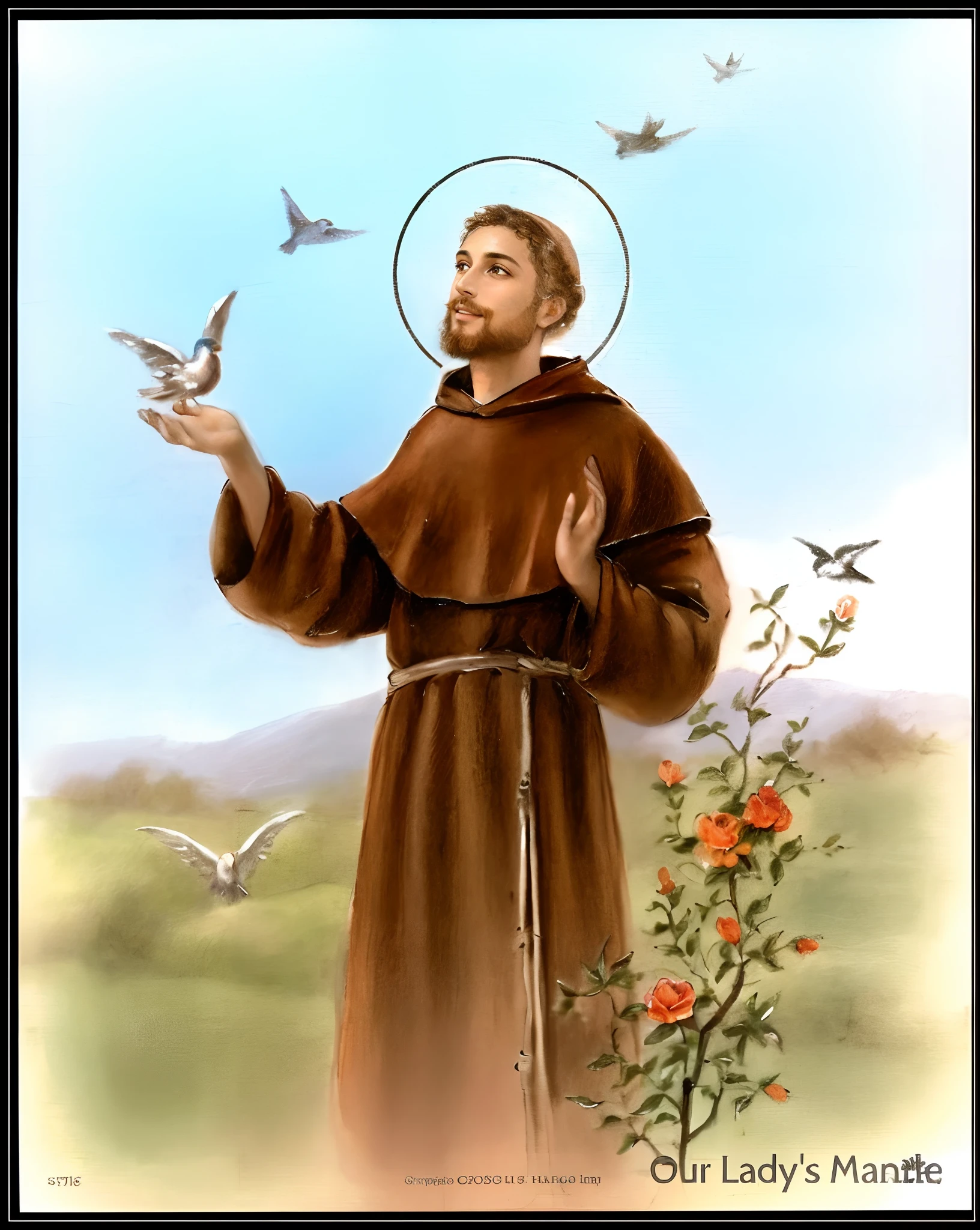 Having the image as a reference, imagine um monge homem, vestindo marrom, sorrindo, inspired by St. Francis of Assisi, estilo de pintura realista