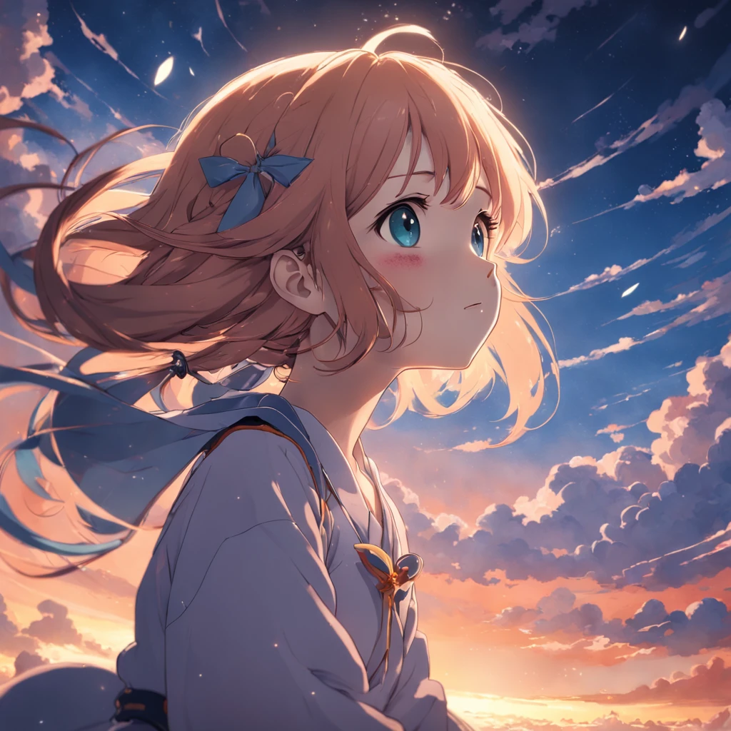 catss、​masterpiece、top-quality、Movie stills、1girl、Cloud Girl、floating in sky、a closeup、发光、happiness、Warm soft lighting、the setting sun、(Spark:0.7)