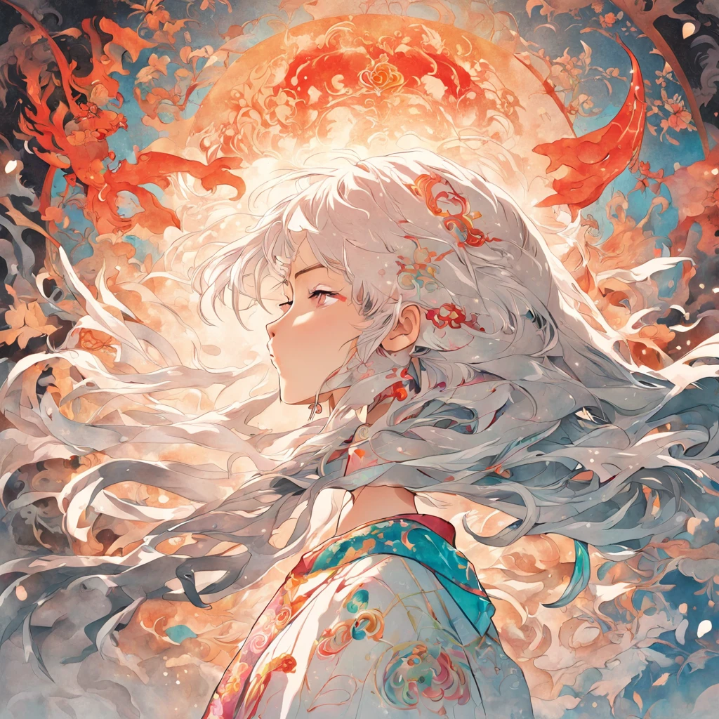 (White background:1.4),(Silhouette of a girl's head, Eyes closed, colorfull long hair, Oriental elements)，(Chinese illustration:1.3，paper art:1.3, Quilted paper art:1.2),( reasonable design, Clear lines, High sharpness,Best quality, Very detailed, Masterpiece, movie light effect, 4K ) Tattooed with