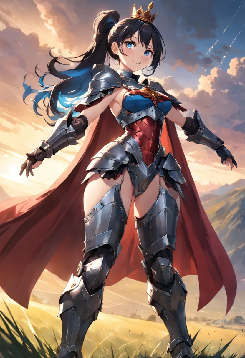 A beautiful woman, (from below: 1.3), (perspective: 1.2), looking at the audience, full body, full body photo, very huge breasts, high heels, (( grassland background)), (( full body armor, gown)), smile, ((holding a weapon)) , very big ass, black color hair, ponytail hairstyle, ((Highest quality)), ((outstanding detail)), ((super high resolution: 3.5)), (fidelity: 1.4), ((best illustration, favor details, perfect detail rendering, ultra HD, masterpiece, ultra high res)), (photorealistic:1.5), raw photo, perfect brightness and darkness, light ray, perfect balance, smooth color transition, perfect body figure, full body frame, shining light, red and black color armor, aura, mantle, cape, Full detail armor design, crown, blue eyes, mature, age 39, adventure pant, perfect color layer, fighting pose, domineering posture