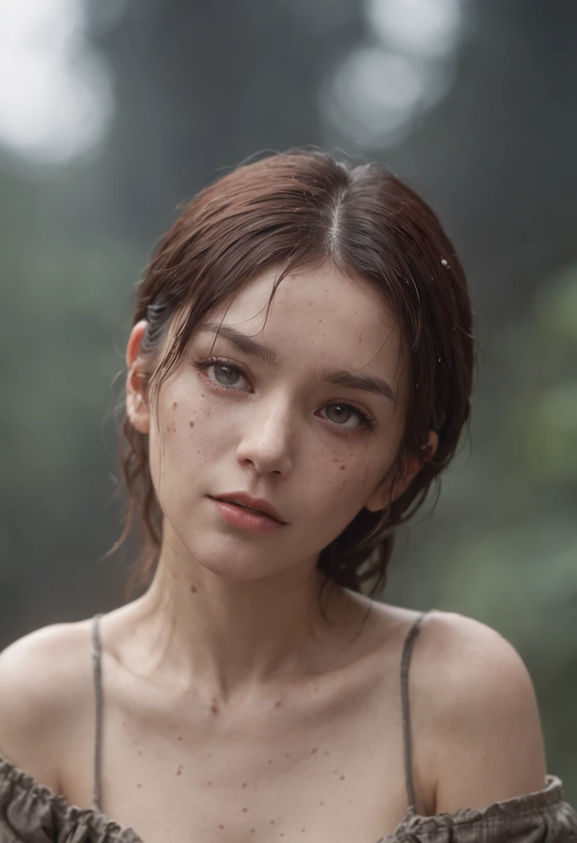 Best picture quality, masterpiece, ultra high resolution, (fidelity :1.4), photo, 1 girl,[(sadness)],white shirt, Dim, dark, desperate, pitying, pitiful, cinematic,tear,teardrop,(Torn clothes:1.5), (Wet clothes:1.4), bare shoulders,Real rain,wet hair,..