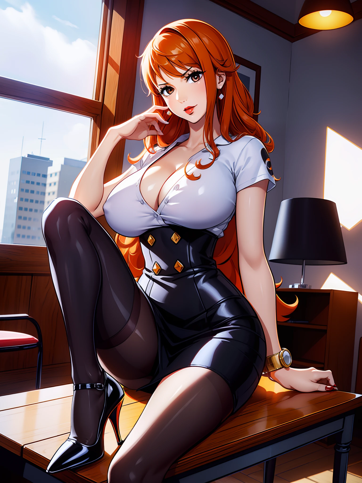 Girl, red lips, big nose, big tits, long hair, orange hair colors, fair skin, office clothes, white clothes colors, black skirt colors, black stocking colors, black high heels colors, sexy body, Sit down pose, sexy pose, elegant pose, beautiful girl, in room realistic, tattoo on left shoulder