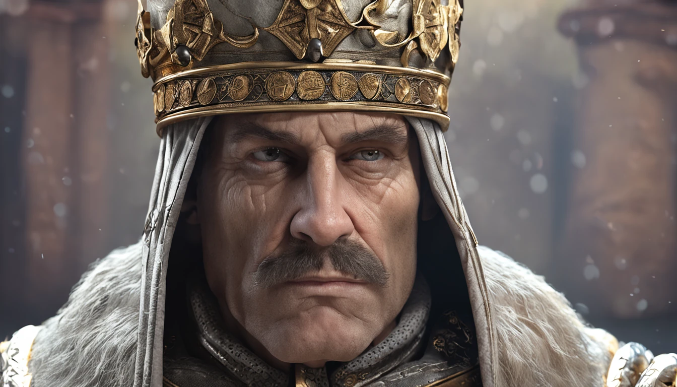 face forward 180º, eyes and face forward 180º, old medieval king, portrait of old medieval king, portrait of an old medieval king, crusader kings 3, portrait of a king looking forward, portrait of the emperor of humanity, majesty in noble clothes, granting him a noble title --auto --s2