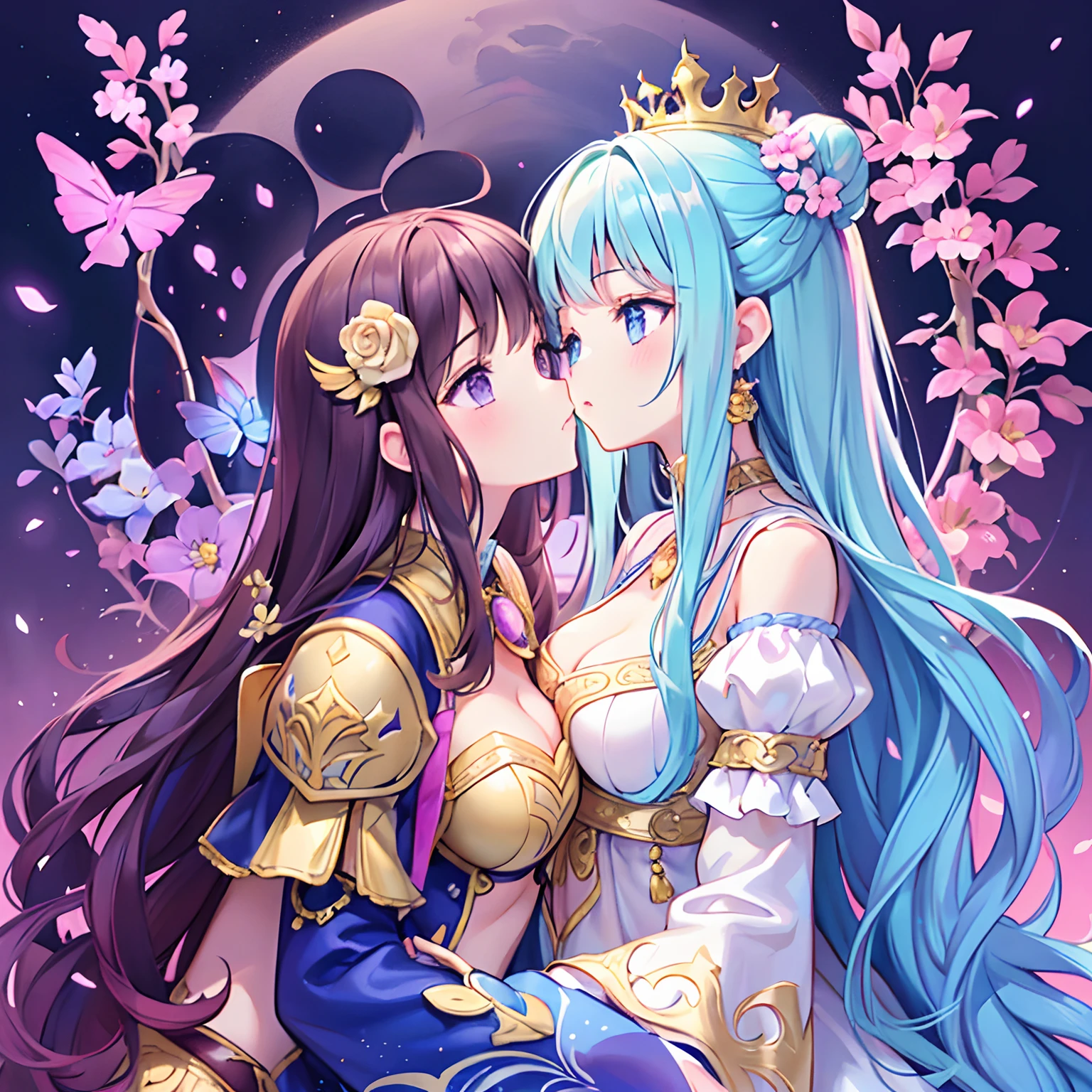 adesivo, fundo simples, portrait, 2 girls, couple, kissing, girl with long hair, beautiful princess girl, princess aesthetic, beautiful girl, very beautiful fantasy art, beautiful and elegant female princess, beautiful detailed fantasy, purple and blue color palate, purple color-theme