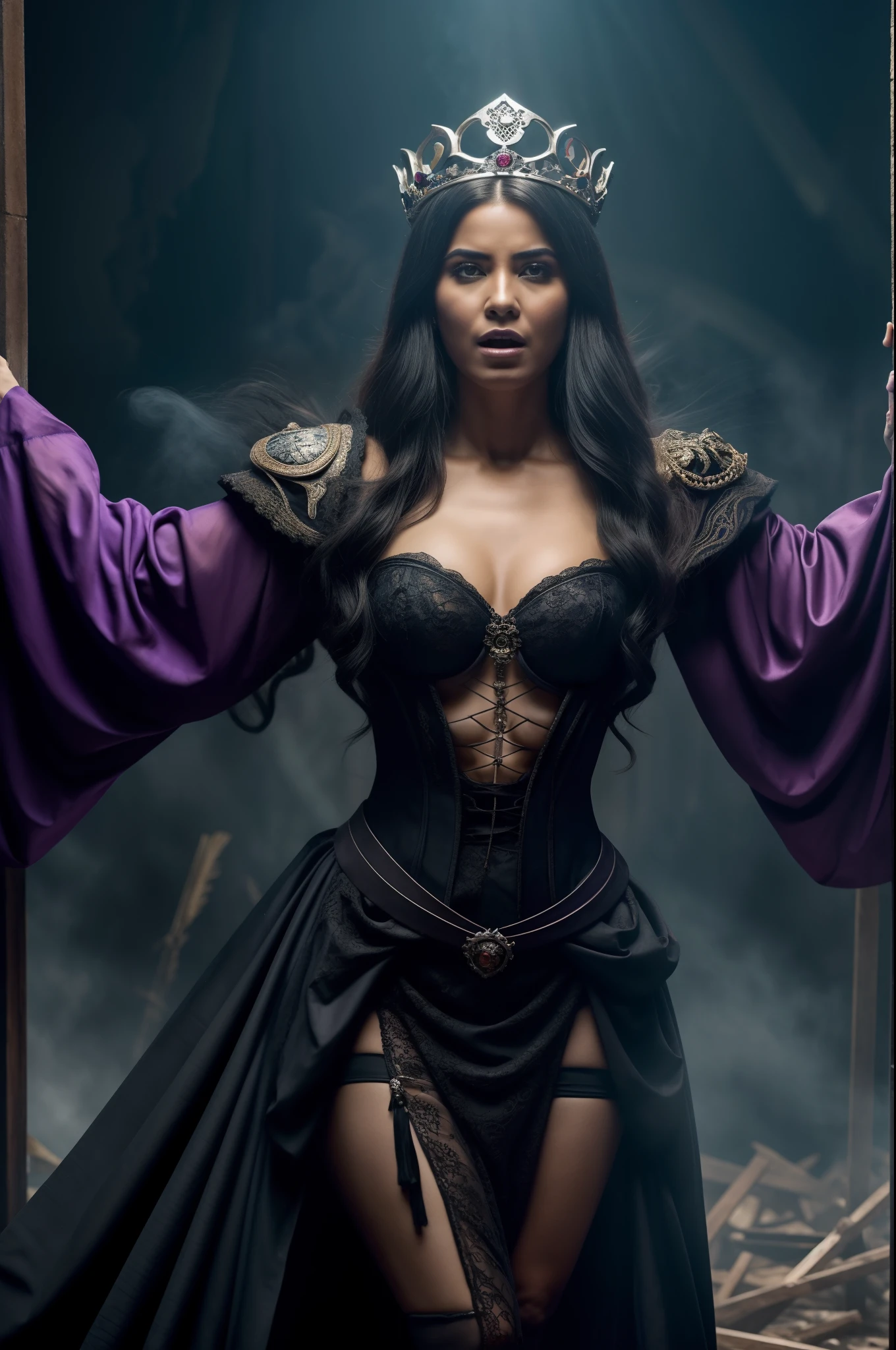 (obra maestra) (La mejor calidad) La diosa de la locura. Has a mocking and sinister expression., Lleva ropa hecha jirones, He wears a tarnished crown and stands on a shattered throne............ She is surrounded by a wind of chaotic fumes of strange colors...