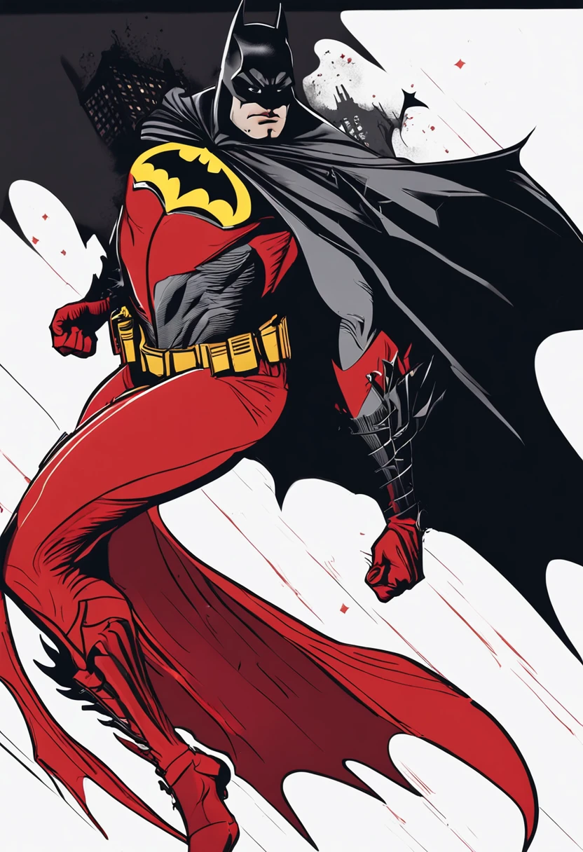 Batman del Caballero Oscuro version ((mujer)) With his red suit and yellow symbol he stands imposingly in a lost Gothic city. Moonlight highlights your muscles and scars. El paisaje es exuberante y misterioso, With futuristic technology and environment. The camera details everything, Una mujer guerrera, in front of him