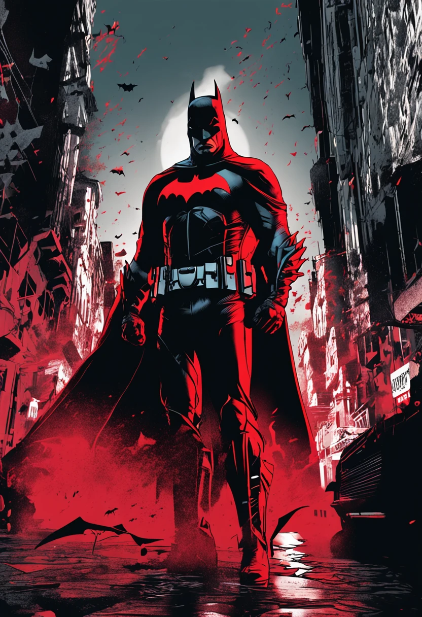 Batman of the Dark Knight with his red costume and yellow symbol stands imposing in a lost Gothic city. Moonlight highlights your muscles and scars. The scenery is lush and mysterious, com tecnologia futurista e arredores. The camera details everything, uma mulher guerreira, na frente dele