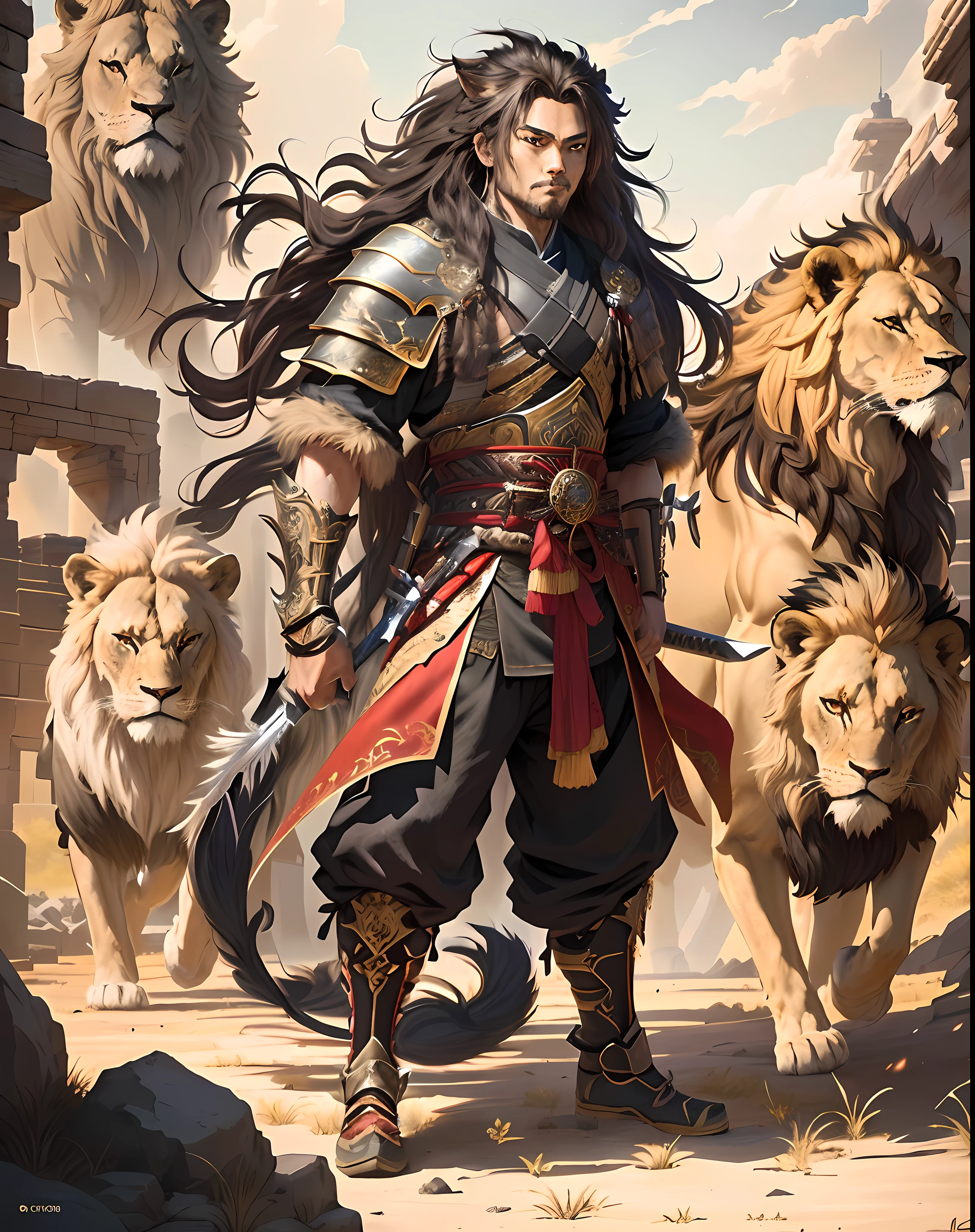 a picture of a man with a sword and a bunch of lions, anime epic artwork, badass anime 8 k, by Yang J, powerful warrior, detailed anime artwork, anime tribal boy with long hair, epic fantasy art style hd, lion warrior, detailed anime character art, 2. 5 d cgi anime fantasy artwork, detailed digital anime art, lord of beasts