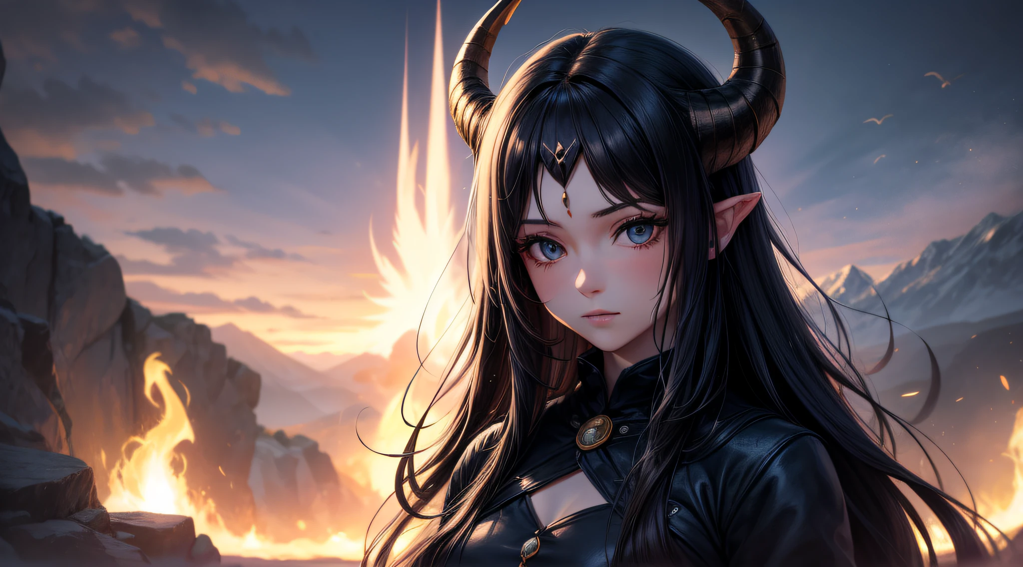 uma mulher linda de cabelos escuros usando roupa preta de couro, with horns on the head, olhos vermelhos, posando pra foto, ultrarealista, ambiente com pouca luz e tochas de fogo em volta com mostros ao fundo da imagem em paisagem distante
