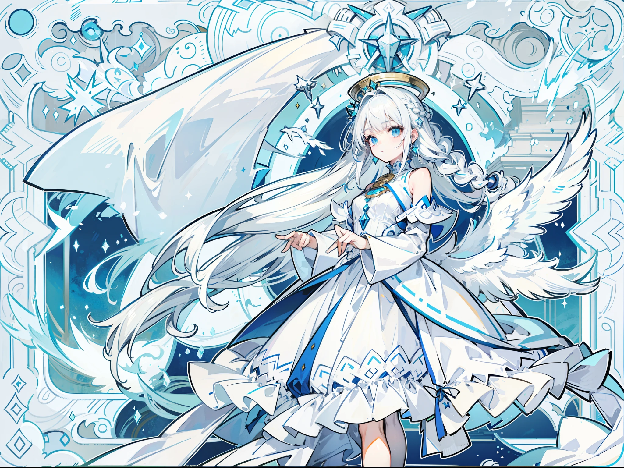 Beautiful girl with white hair，angelicales，Wearing a plain white dress，There is a halo on the top of the head，french braid，Extremely long hair，There is only one wing behind him，adolable，epic exquisite  character art, Amazing characters，Medieval theme，CharacterDesignSheet，Character emoji design table，Character costume design sheet，（reference sheet：1.5）