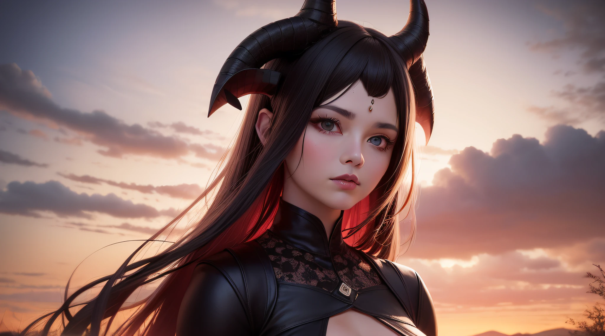 uma mulher linda de cabelos escuros usando roupa preta de couro, with horns on the head, olhos vermelhos, posando pra foto, ultrarealista, ambiente com pouca luz e tochas de fogo em volta com mostros ao fundo da imagem em paisagem distante
