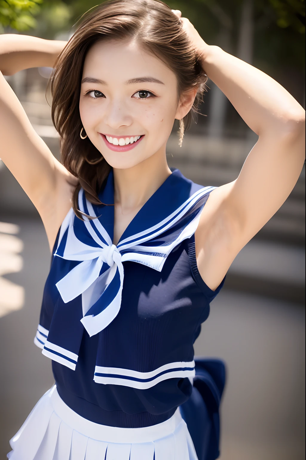 ((Raise your hands to show your armpits、Tecateca armpits:1.15、armpit pose、Apply shiny oil to the armpits、Oiled wet armpits、Tecateca armpits:1.15、Armpit、Detailed armpit wrinkles、Armpit、Wrinkles under the armpits:1.4、a little freckles on the face、Glossy armpits:1.15、slimy armpits、Armpit tecateca:1.4、full body closeup、Sleeveless sailor suit、A smile、red lipsticks、playground、no-bra、Sleeveless sailor suit、ars old girl))、(​masterpiece:1.3), (8K, Photorealsitic, Raw photography, Top image quality: 1.4), a japanese girl、Standard body shape:1.3、high-ponytail Hairstyle、Super Detail Face、Eye of Detail、二重まぶた、Super detail armpits、foco nítido:1.2、prety woman:1.4、light brown hair、top-quality、​masterpiece、超A high resolution、(Photorealsitic:1.4)、Highly detailed and professional lighting smile、Background of the playground、on the park、Girl in sleeveless sailor suit and armpits