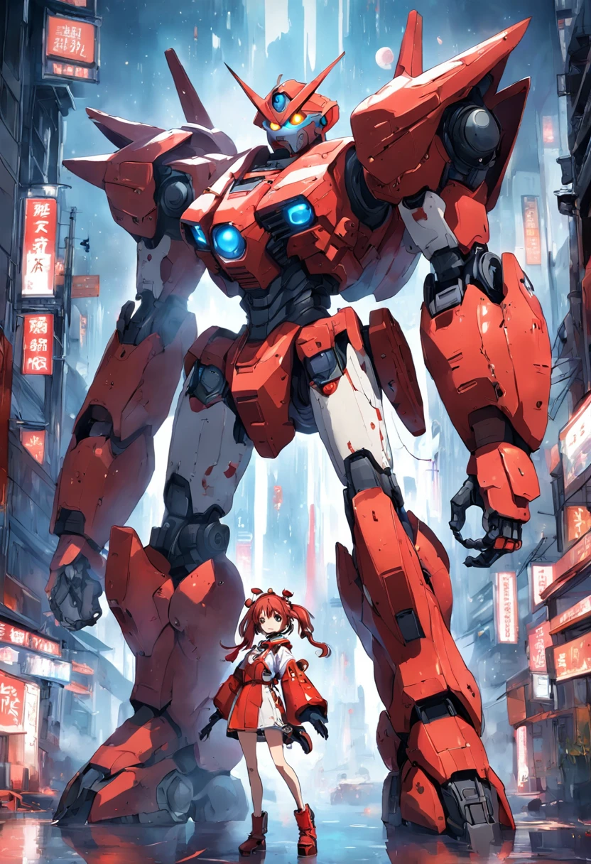 The highest image quality、　（Huge mobile weapons　　Giant Robot Weapons、　Super Power Tracer、　Raisner、　Pennywise Taste、　Mobilesuit）、　Fight in a war-torn city illuminated by the red moon、　A lot of red spherical drones are floating、　Full body portrait, vibrant detail, (Highly detailed appearance)