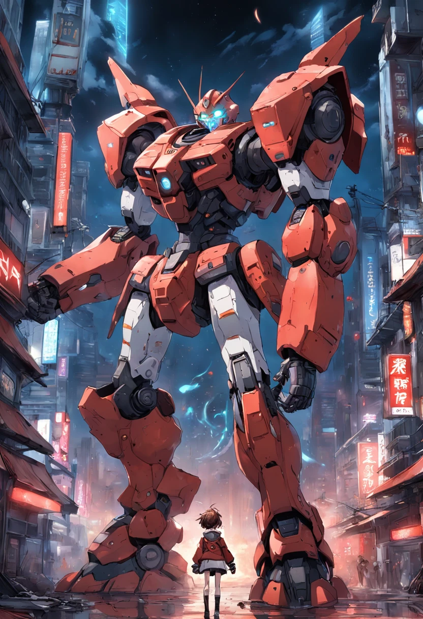 The highest image quality、 (Huge mobile weapons Giant Robot Weapons、 Super Power Tracer、 Raisner、 Pennywise Taste、 Mobilesuit)、 Fight in a war-torn city illuminated by the red moon、 A lot of red spherical drones are floating、 Full body portrait, vibrant detail, (Highly detailed appearance)