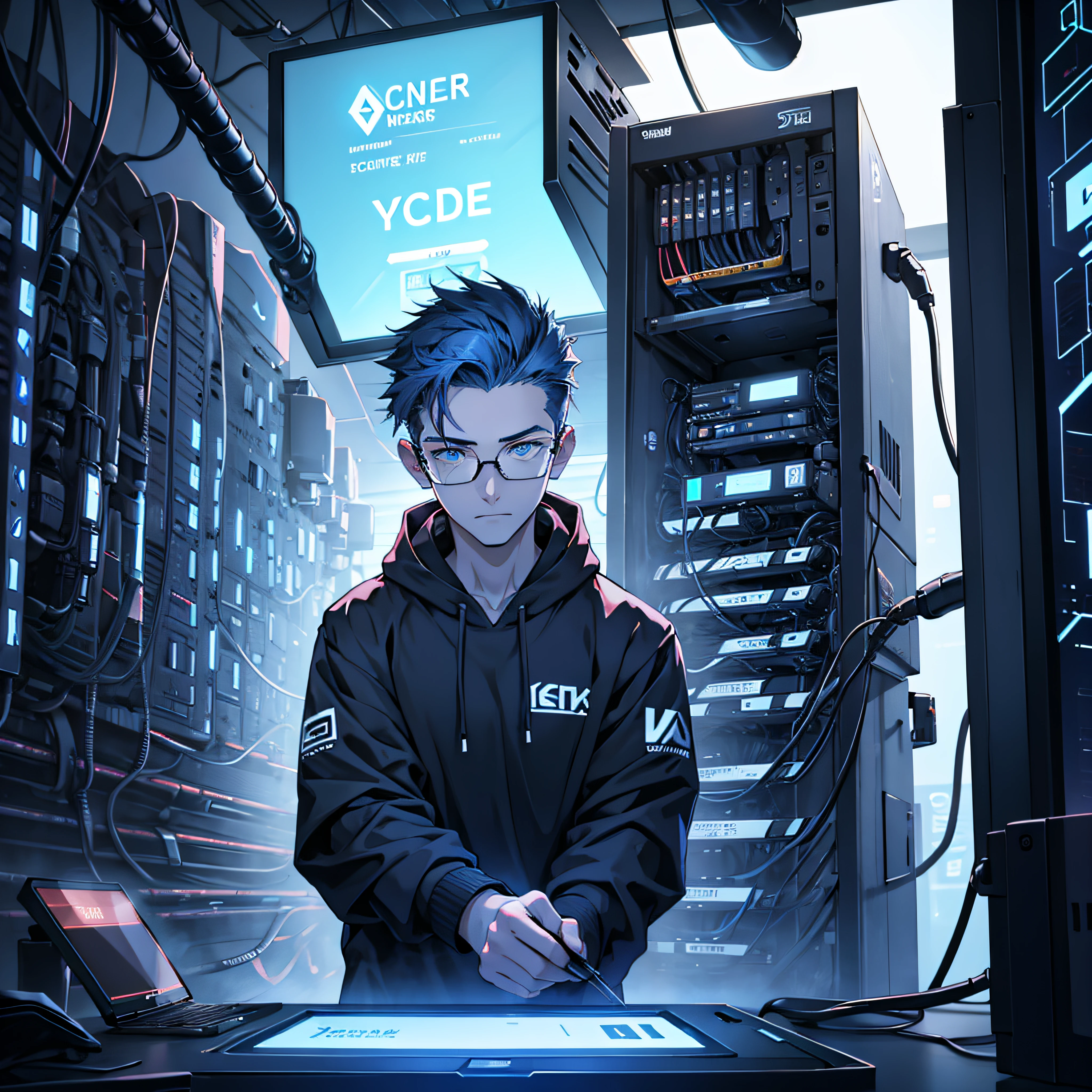 A hacker talking about cybersecurity, emosional, a young man, 27 years old, glasses, blue eyes, in front of servers.