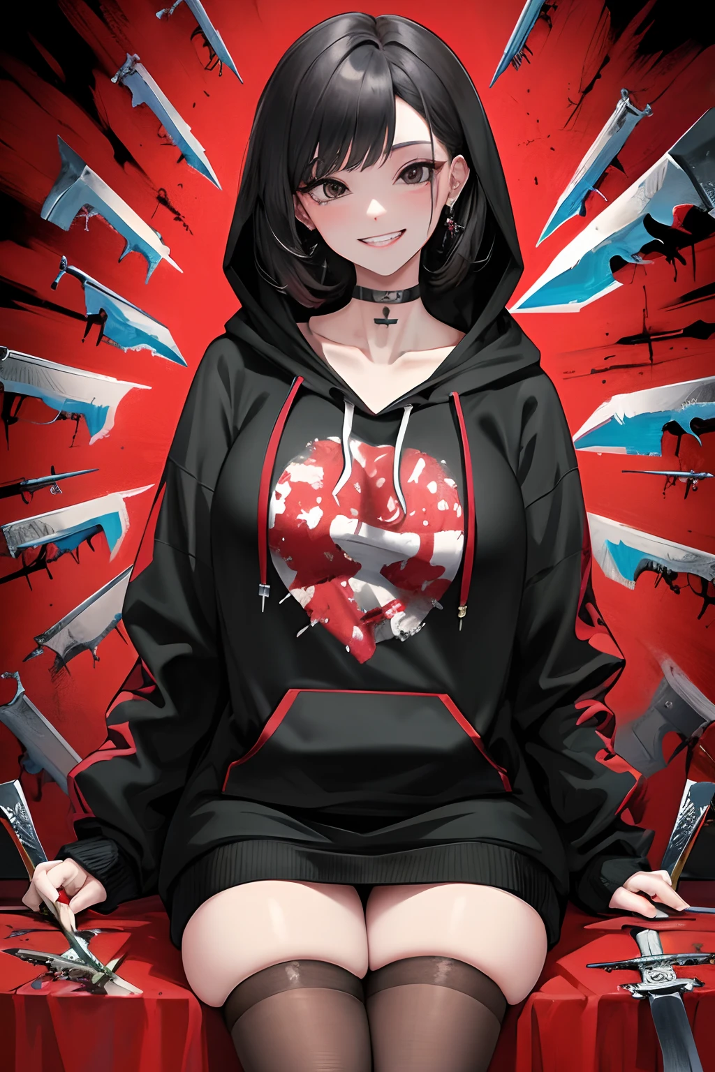 official art, masterpiece, sharp focus, black hair, human butcher marks, beautiful woman, curvy, maniac, grin, blood, knife, hoodie, black eyes, beautiful