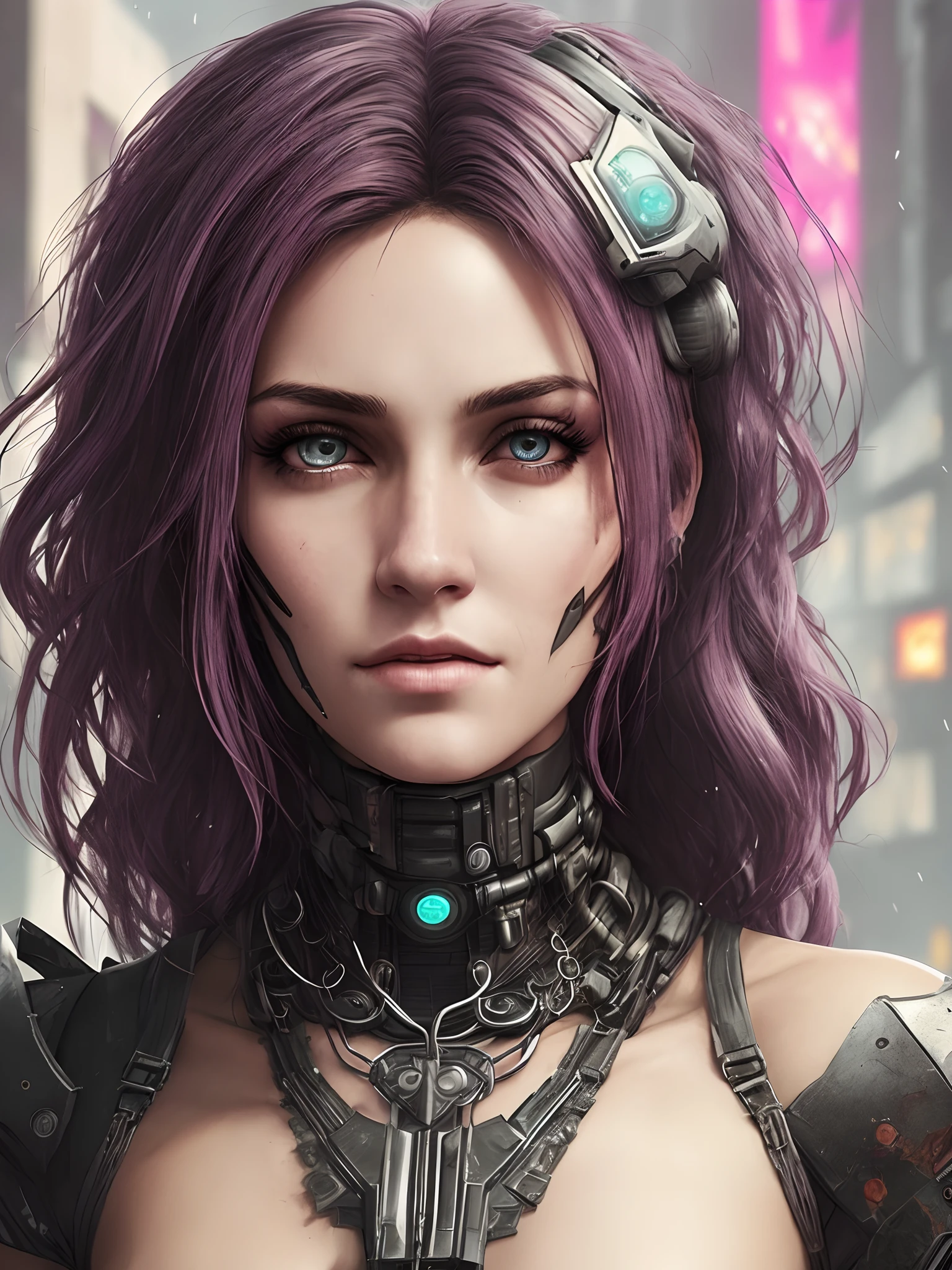 Uma policial feminina, cyberpunk, com olhos vermelhos, hiper realista, in a totally destroyed city