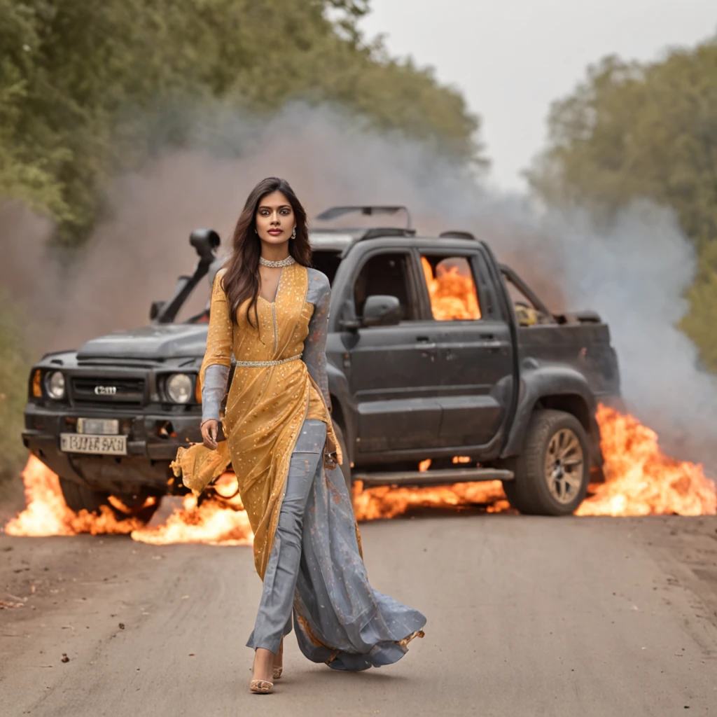 hAPPY beautiful, sexy, stylish, perfect INDIAN fashion model,walking away from a burning car, chaos,