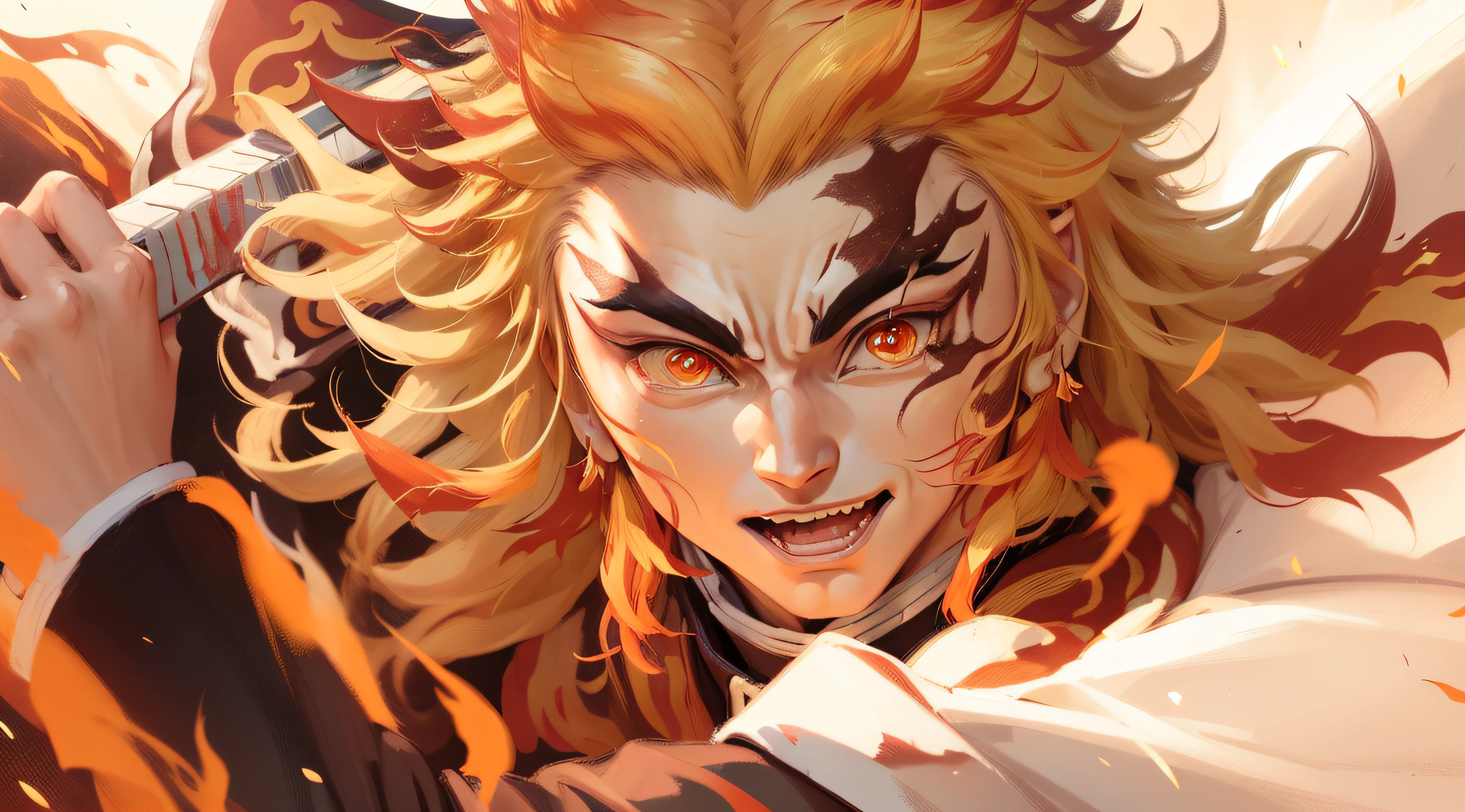 "(Kyojuro Rengoku, Demon Slayer:1.5),(fundo emocionante:1.2),(cores fortes:1.2),(4K分辨率:1.1),(8K分辨率:1.1),(fogo intenso:1.3),(chamas vibrantes:1.3), anime, cabelo vermelho alaranjado, Medium Size, personagem de anime, anime demon slayer, masculino, homem, personagem masculino, personagem sorrindo, olho direto fechado, sword in hand,