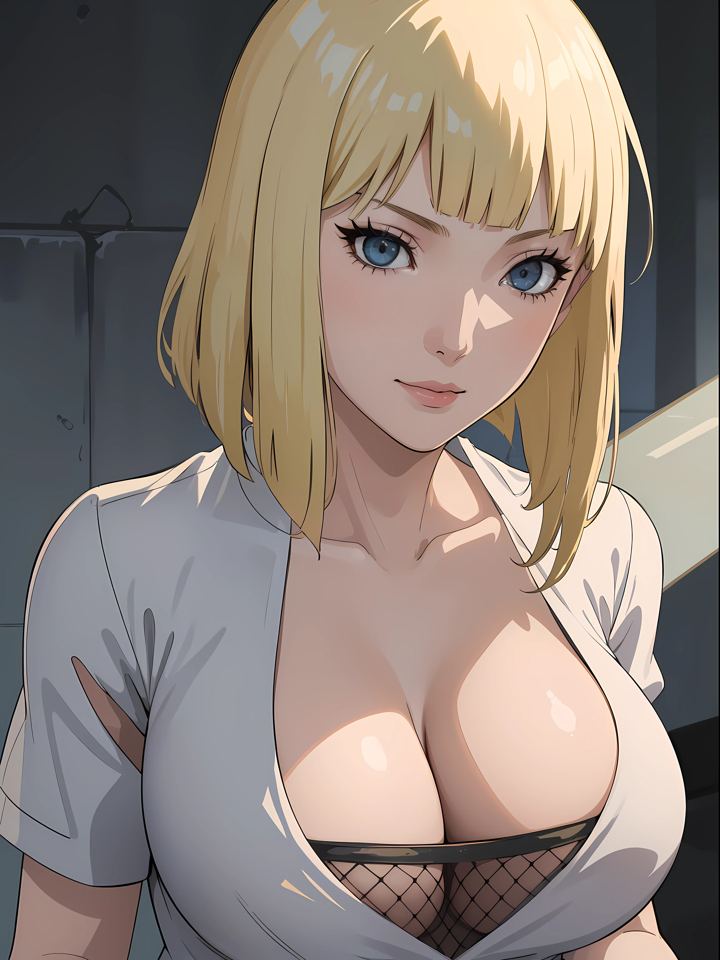 Best quality, masterpiece, ultra high res, 1girl, sexy, in the dark, deep shadow, low key, cold light, milf, blonde, dynamic light, cinematic lighting, cinematic lighting, down blouse, mature woman, middle parted hair, nsfw, natural breast, upper body, milf, samui, simple smile