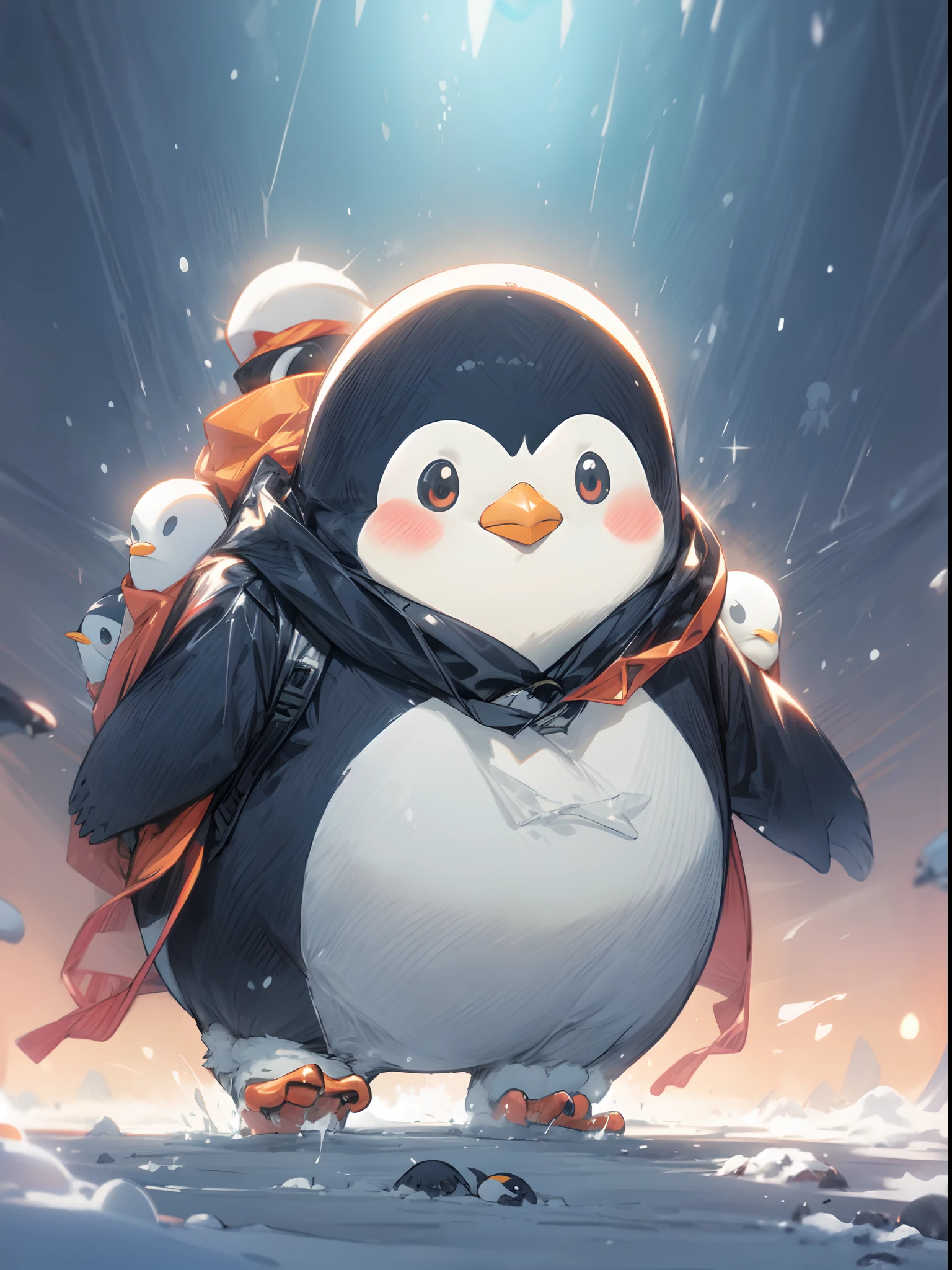penguin with a backpack on its back walking in the snow, fat penguin, penguinz0, penguin, anthropomorphic penguin, mecha anthropomorphic penguin, fat penguin unity asset, pinguin, adorable digital painting, so cute, cute detailed digital art, cute anime, by Yang J, cute:2, wallpaper!, pixiv contest winner