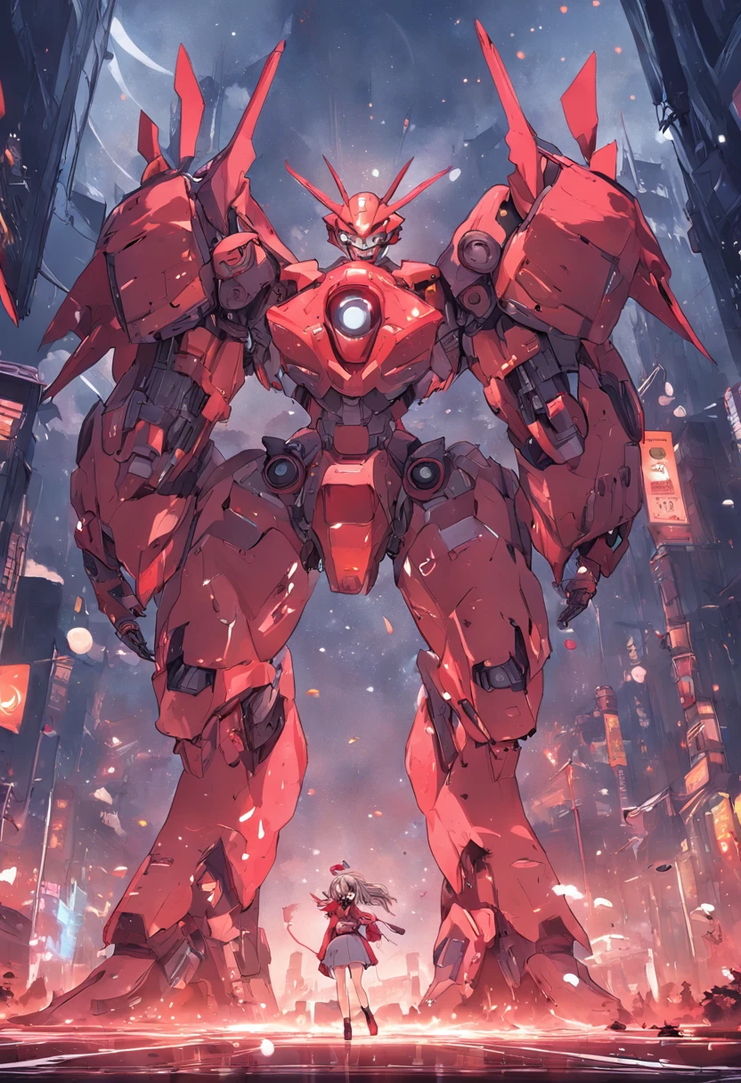 The highest image quality、　（Huge mobile weapons　　Giant Robot Weapons、　Super Power Tracer、　Raisner、　Pennywise Taste、　Mobilesuit）、　Fight in a war-torn city illuminated by the red moon、　A lot of red spherical drones are floating、　Full body portrait, vibrant detail, (Highly detailed appearance)