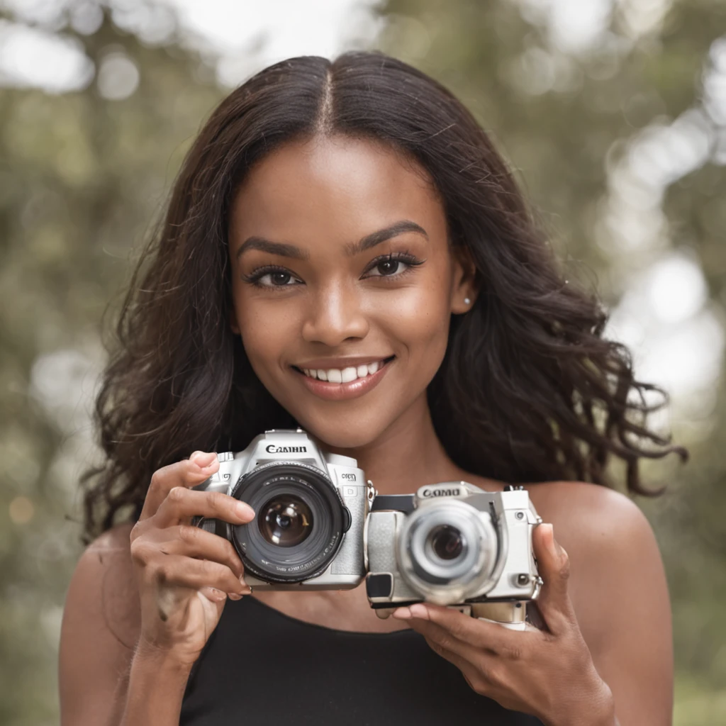 bonita mulher negra skincare blogger, flawless radiant skin, pele brilhante, Cute smile holding two puzzle pieces Go Pro 4 camera angle