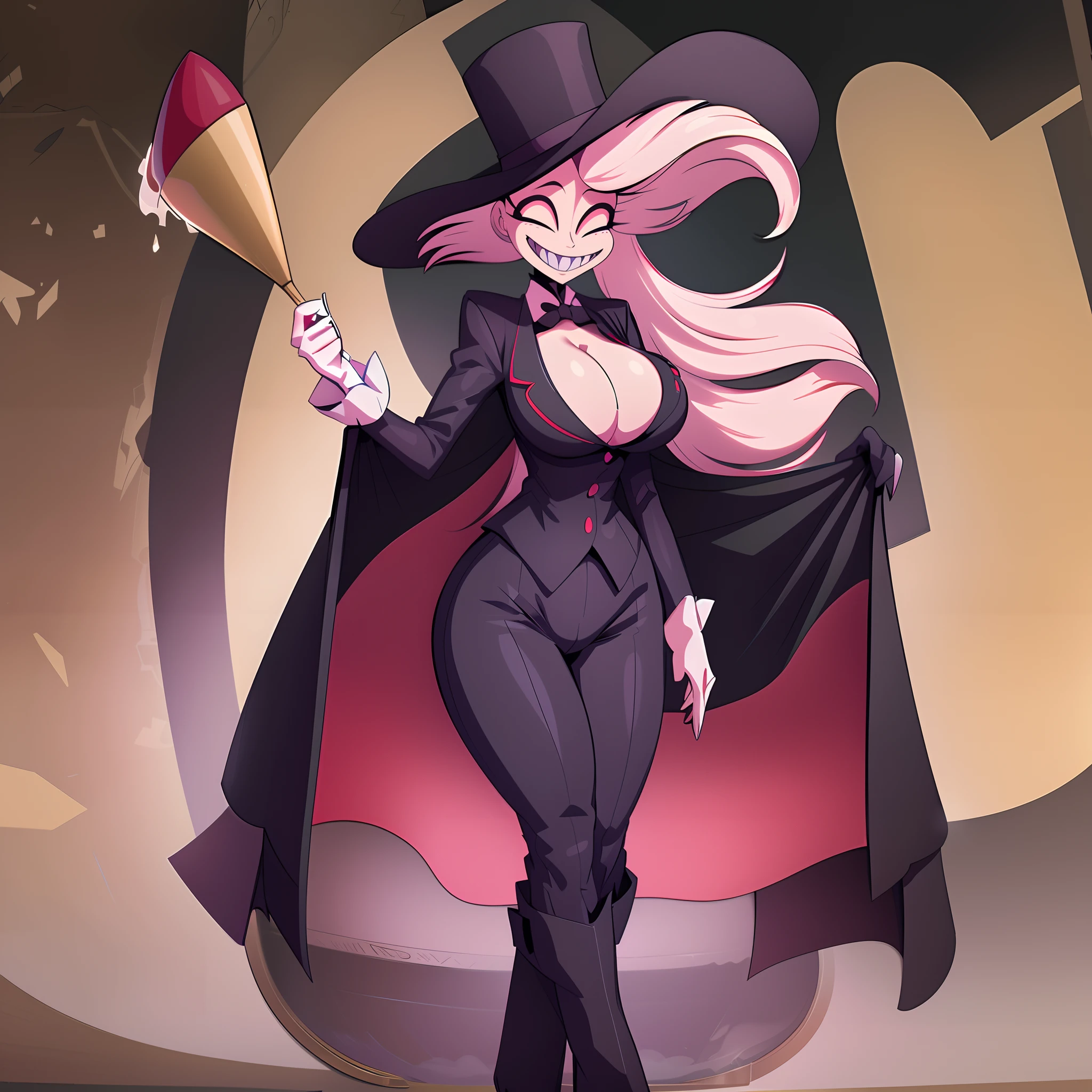Angel Dust Hazbin Hotel, , wide hips, wearing suit, wearing black shorts, cleavage, highly detailed, hi res, high resolution, cleavage, , looking at viewer, curvy huge breast, curvy, full body, pants, cloak, curvy, maid, butler, vest, boots,thicc