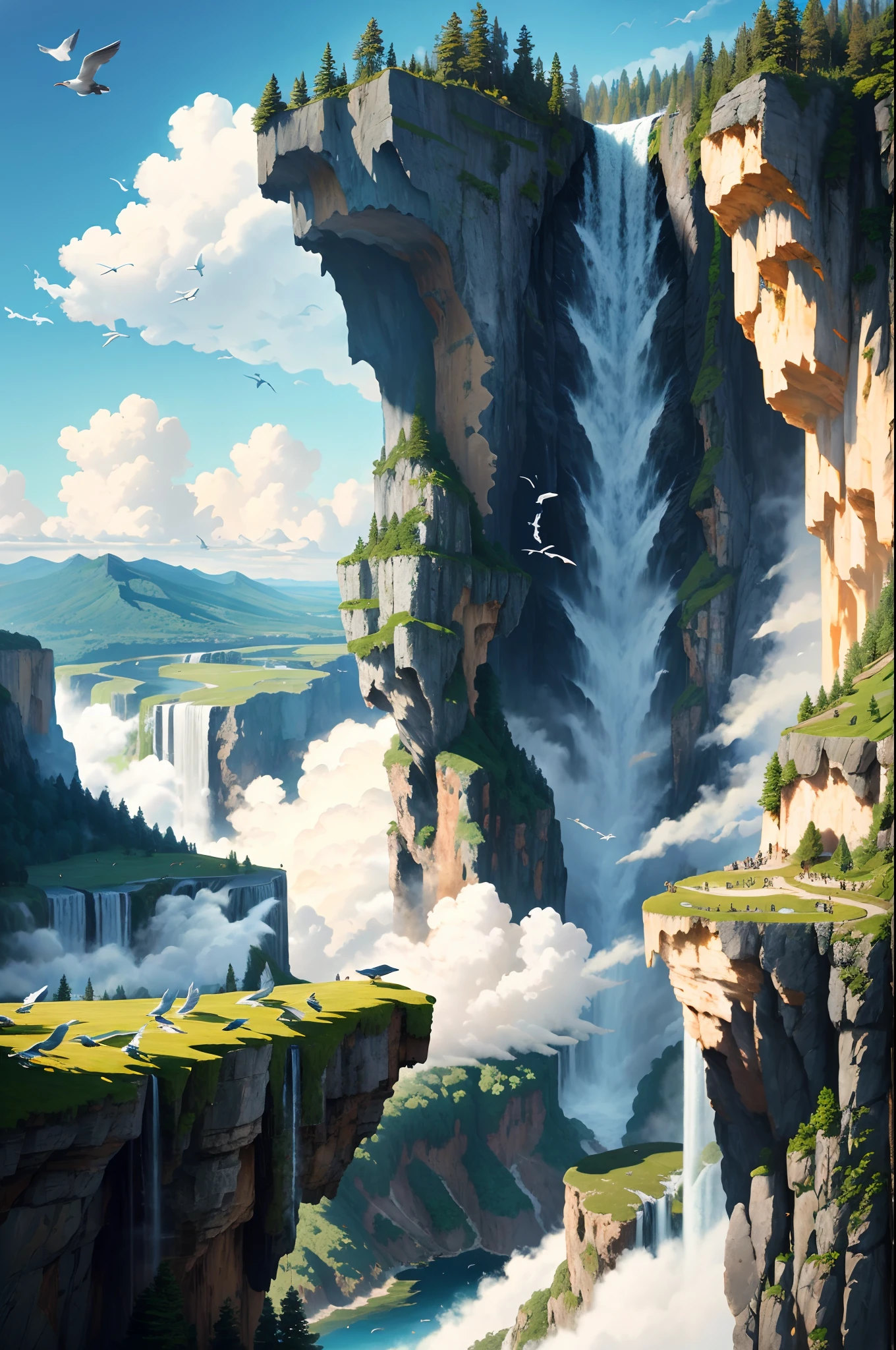 Flying on the cliff, above the very high waterfall, look down on the fluctuating pond, high sunlight, blue sky, white cloud, birds, forest, trees, 8K, masterpiece, best quality, high resolution, extremely full detailed