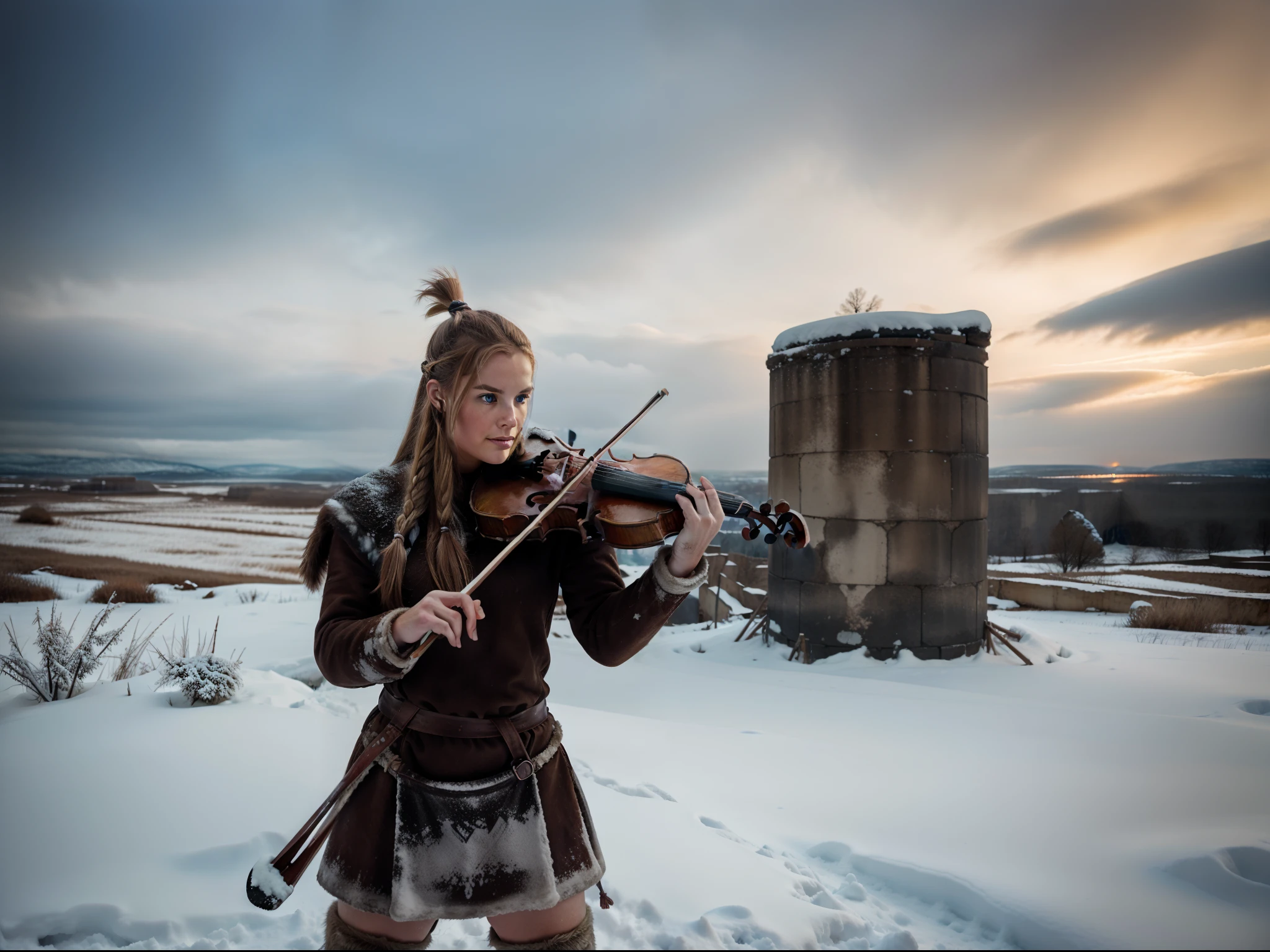 "A Viking playing the violin in a ruined city, Covered with snow and with a mysterious winter atmosphere"