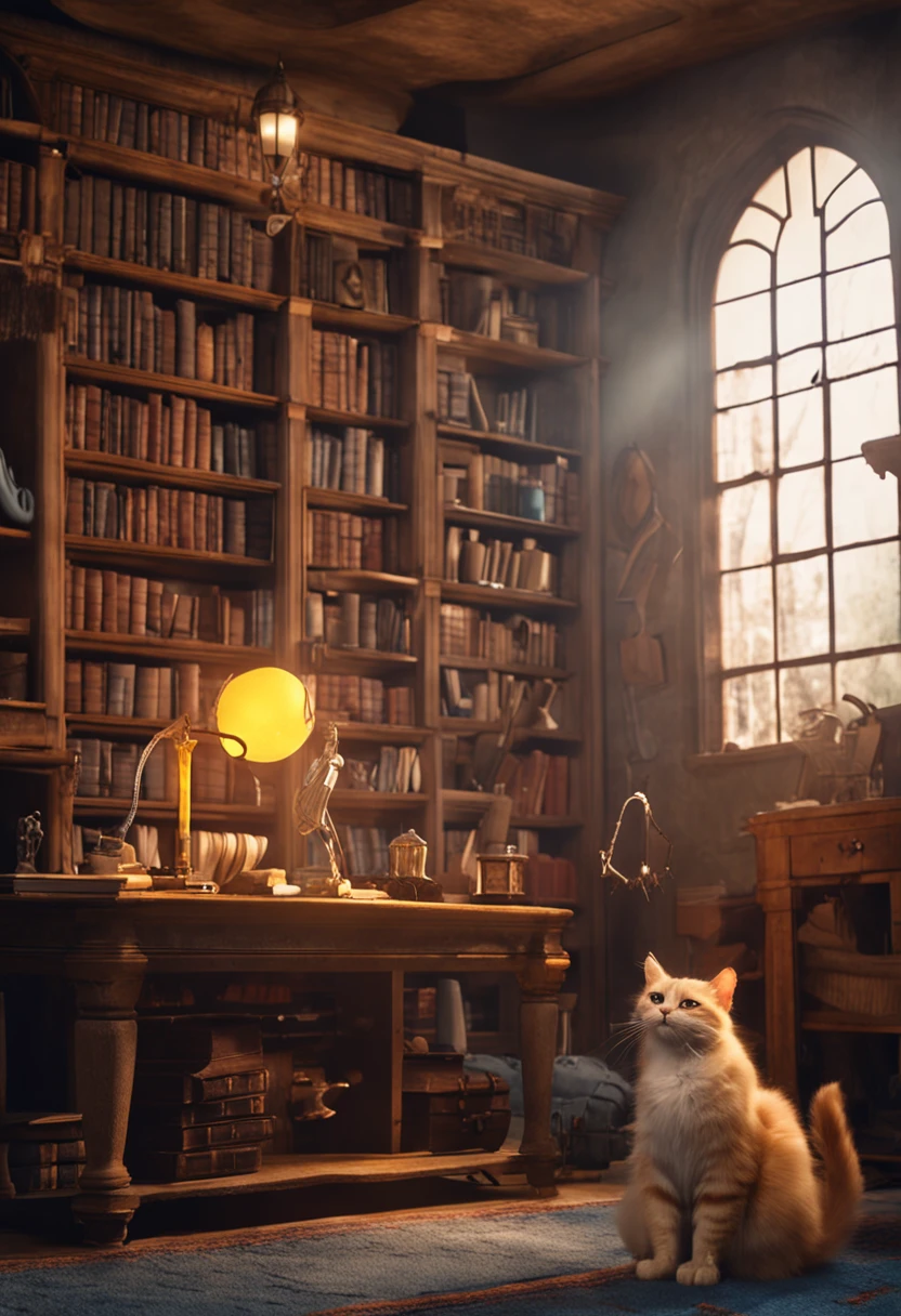 um gato, of the European race, cor predominante branco com amarelo, fantasiado com a roupa da Escola de Magia e Bruxaria de Hogwarts, a passagem do fundo e a sala de aula do harry portter realista 8k