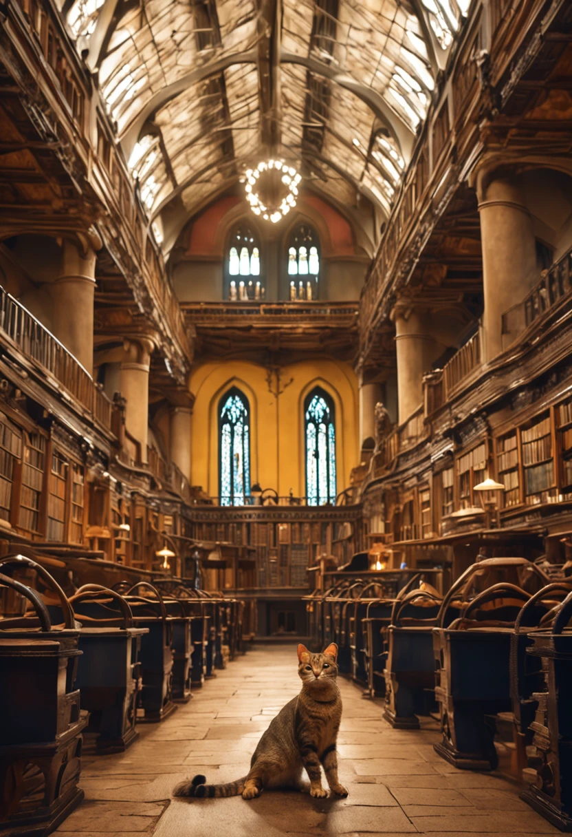 um gato, of the European race, cor predominante branco com amarelo, fantasiado com a roupa da Escola de Magia e Bruxaria de Hogwarts, a passagem do fundo e a sala de aula do harry portter realista 8k