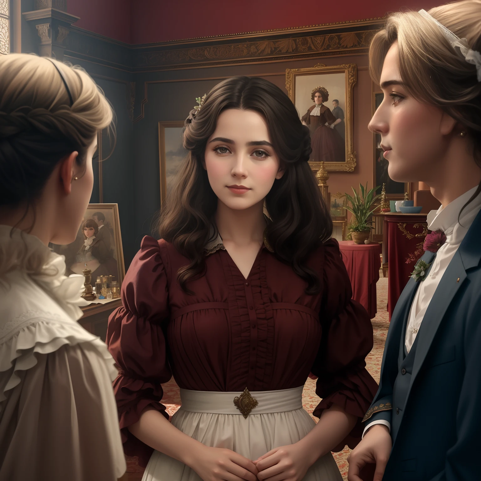 There are three people standing in a room with a woman in a dress, kramskoi 4 mil, inspirado em Sophie Pemberton, No estilo de arte de Bowater, Victorian era, inspirado em Ivan Kramskoi, fan art, imagem promocional do filme, Vitoriano, inspirado em William Mustart Lockhart, inspirado em L. Alcopley
