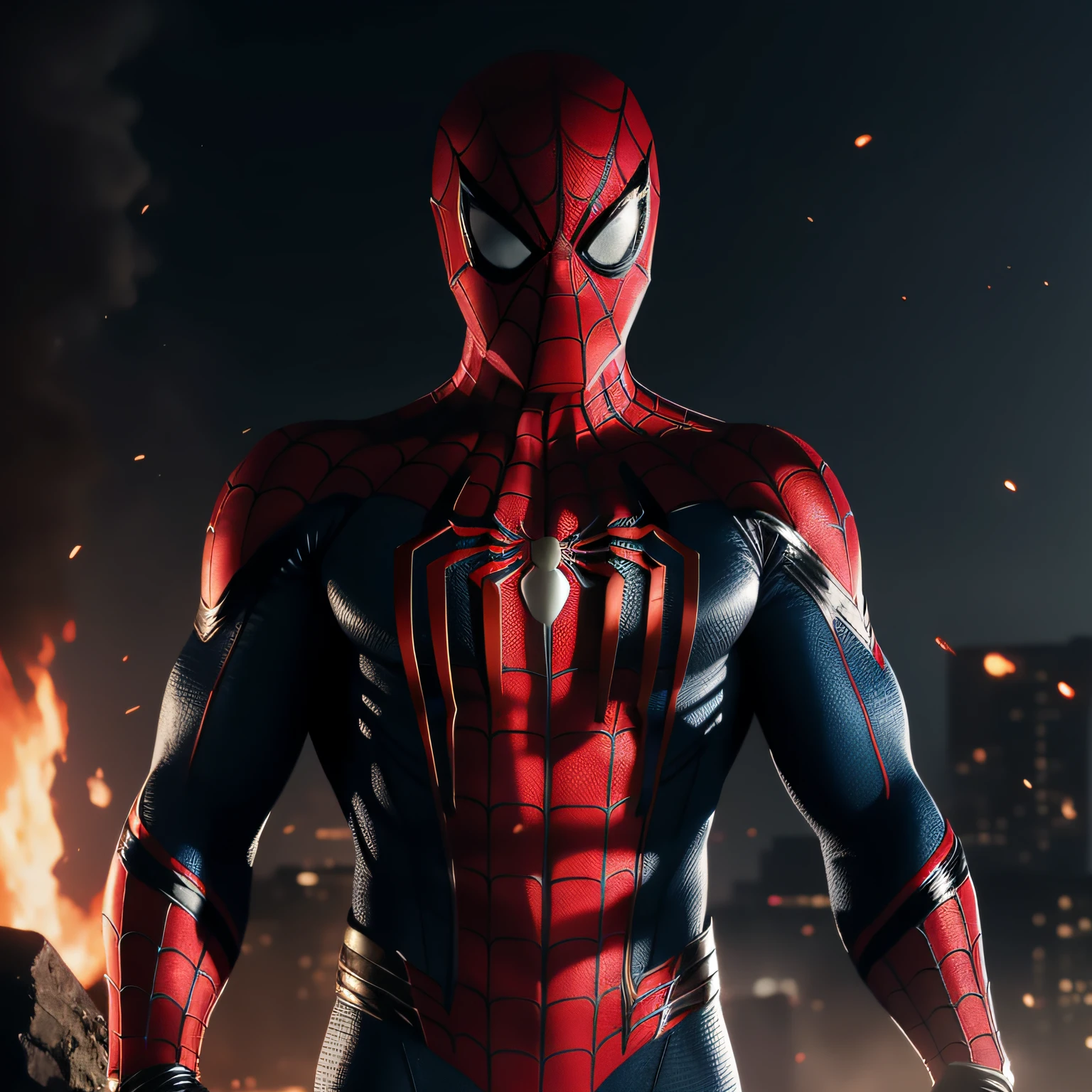 cinematic shot of photorealistic spider-man, cercado por fogo, sem costura, epic, cinemactic, detalhes intrincados, premiado, great lighting, sombreamento, cena intrigante, alta qualidade, detalhado