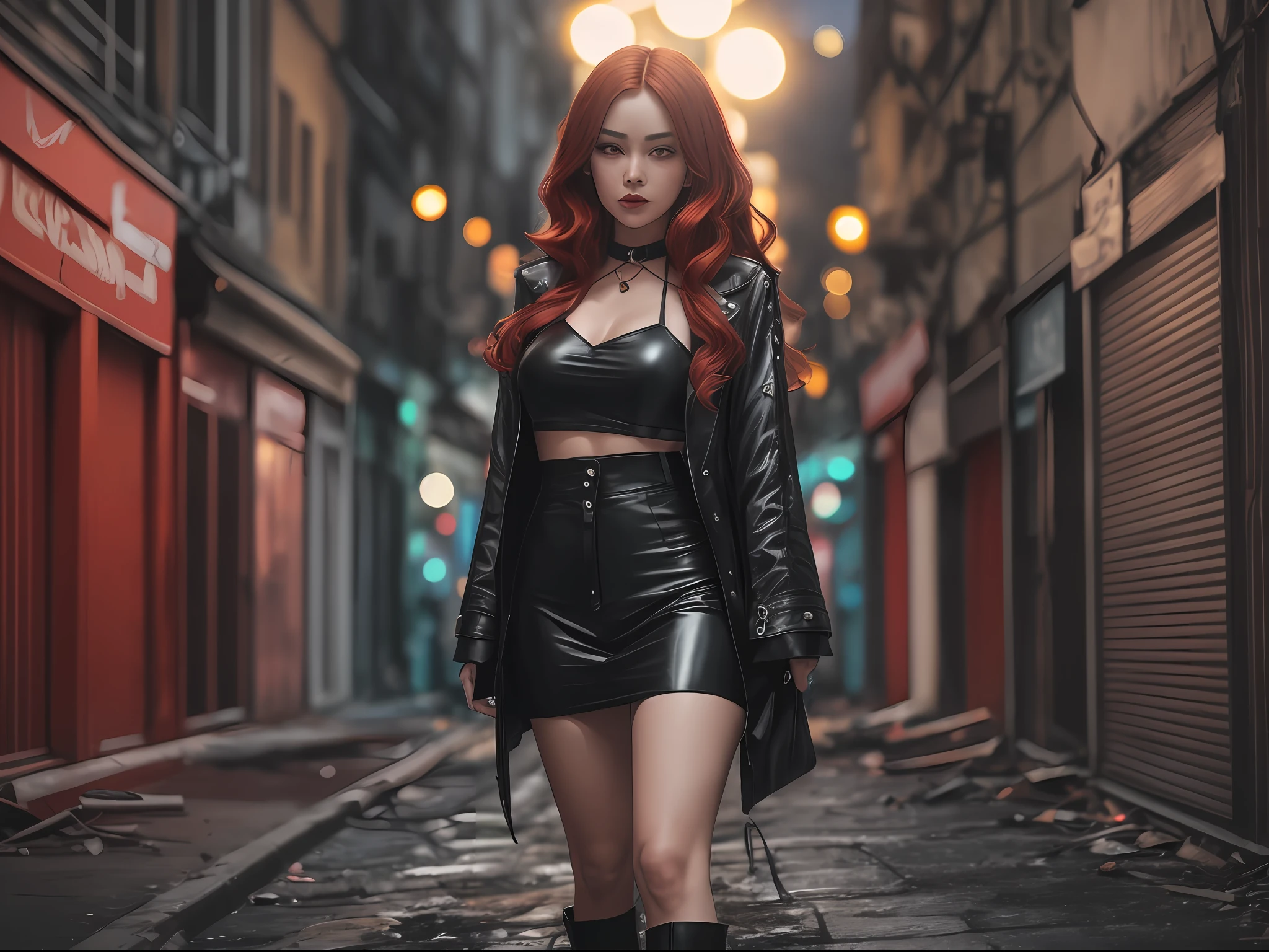 vampire red head american woman as famous Instagram influencer wearing black outfit at night in ruined city looking at viewer, full body photo shoot --auto --s2