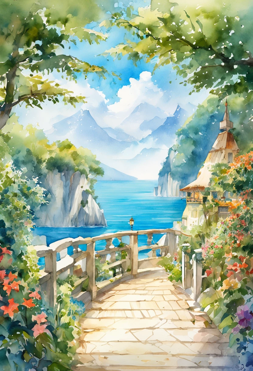 animesque、Faraway view、landscapes、vanishing point、Outrageous resolution、hight resolution、ultra-detailliert、The upper half shows the universe、Below is the sea、Bright atmosphere、Fantasia、magia、Mare、Daylight hours、clean blue sky、sunlight shining、prisma、beautiful lighting、Bright lighting、Soft lighting、Lots of shining magic light、Iridescent light、
