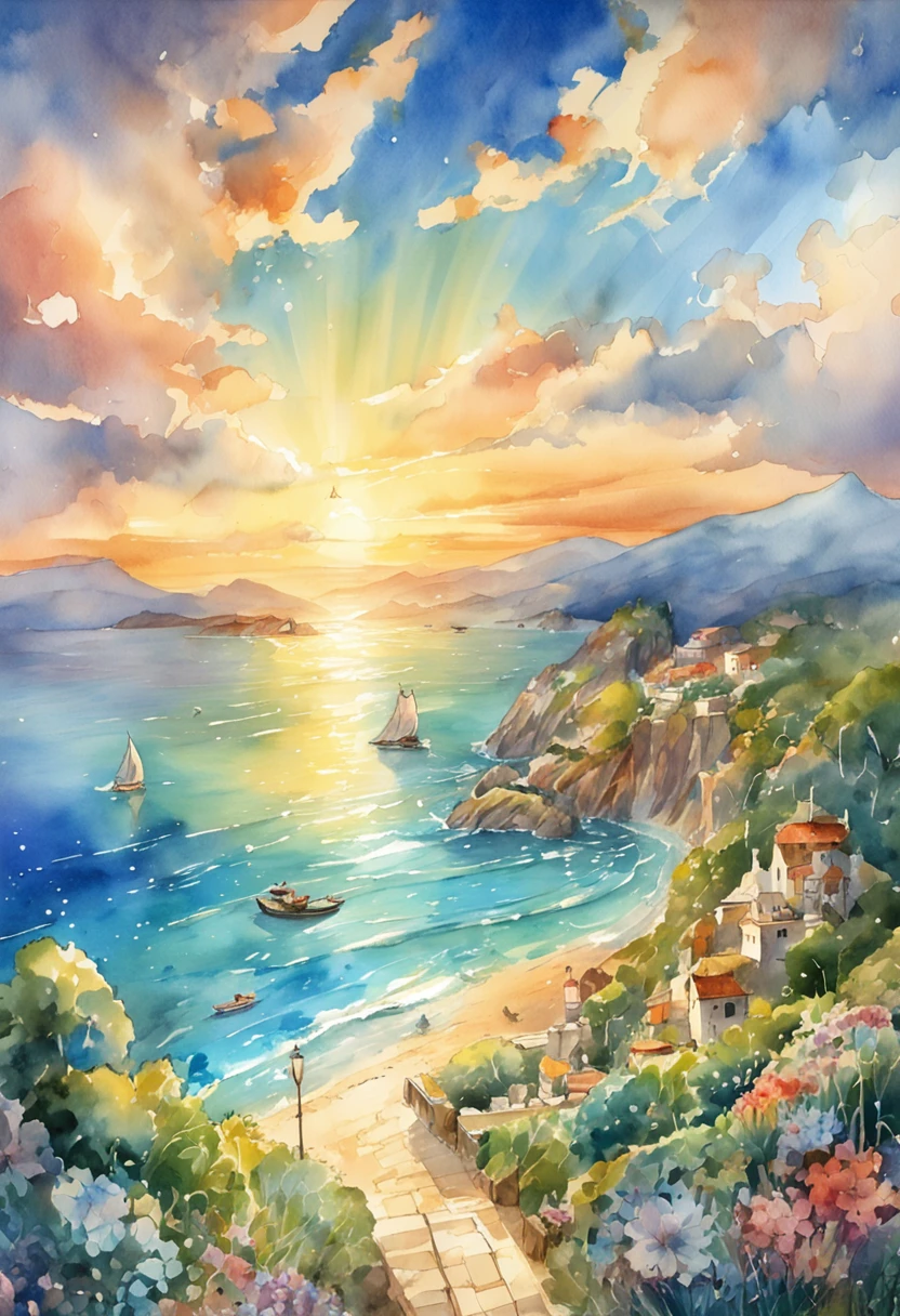 animesque、Faraway view、landscapes、vanishing point、Outrageous resolution、hight resolution、ultra-detailliert、The upper half shows the universe、Below is the sea、Bright atmosphere、Fantasia、magia、Mare、Daylight hours、clean blue sky、sunlight shining、prisma、beautiful lighting、Bright lighting、Soft lighting、Lots of shining magic light、Iridescent light、