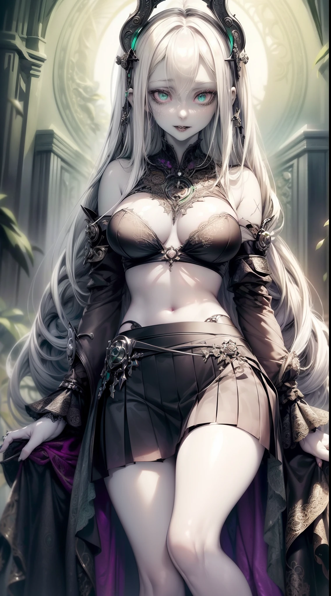 (necromance:1.2) girl, 1girl, perfect and well designed shiny eyes, (beautiful detailed (emerald:1.3) marsh eyes:1.05), natural breasts, slim body, beautiful and delicate face, (face detail), ((realistic face)), pores, ((pale skin)), detailed skin, realistic skin, medium length hair, hair voluminous, super high resolution, 8k, parameters Best quality, (masterpiece:1.4), (magic accessories:1.4), bracelets, necklaces, dark extremely detailed thick tight ((lacy silk clothing:1.3), (lacy wrap dress:1.2), (lycra kimono:0.8),(wild goth skirt:1.5)), shabby hood ruffles coat, embroidery and lace, jewelry ornaments, hair ornament, (cloth:1.3), (neckline:1.3), (cleavage), decolette, navel, Young Girl, Little Beast, (crazy:0.7) Smile, (Pale Skin:2.0), (19 Piercings:1.6), ((tattoos all over body, Tribal tattoos all over legs)), surrounded by darkness, (Darkness:1.2), Dark Fantasy, ultra detailed, photorealistic, ((Real image)), (best quality:1.4), super high resolution, (Realistic 2.0), More details, (full body portrait), (((1girl))), (witchcraft:1.5), magic energy flows and sparkles, (futurism:1.3), [fantasy:(cyberpunk:1.1):0.5], (magic technologies:1.3), (beautiful and aesthetic:1.2), (fractal art:1.4), (cinematic light:1.1), DUTCH ANGLE, 16K, HDR, RTX, Ray Tracing, Radiosity, Anisotropic Filtering, Subsurface Scattering, (((magic lights))), metallic reflections, Detailed, Realistic, 4k highly detailed digital art, (cool_color), extremely detailed CG unity 8k wallpaper, vibrant colors