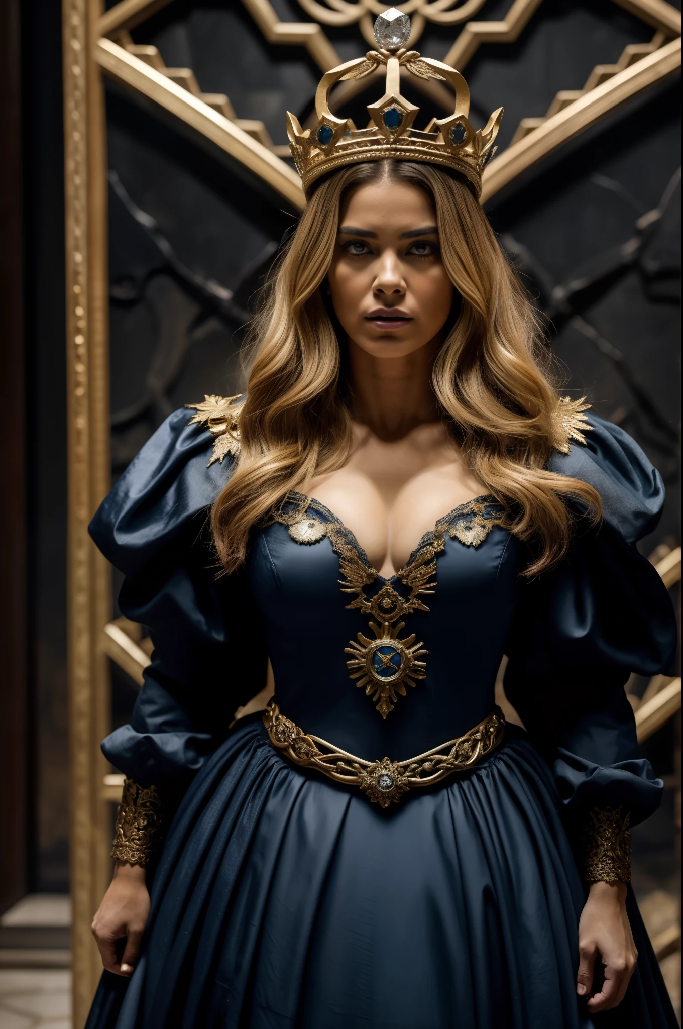 (obra maestra) (La mejor calidad) La diosa de la locura. Has a mocking and sinister expression., Lleva ropa hecha jirones, He wears a tarnished crown and stands on a shattered throne............. She is surrounded by a wind of chaotic fumes of strange colors....