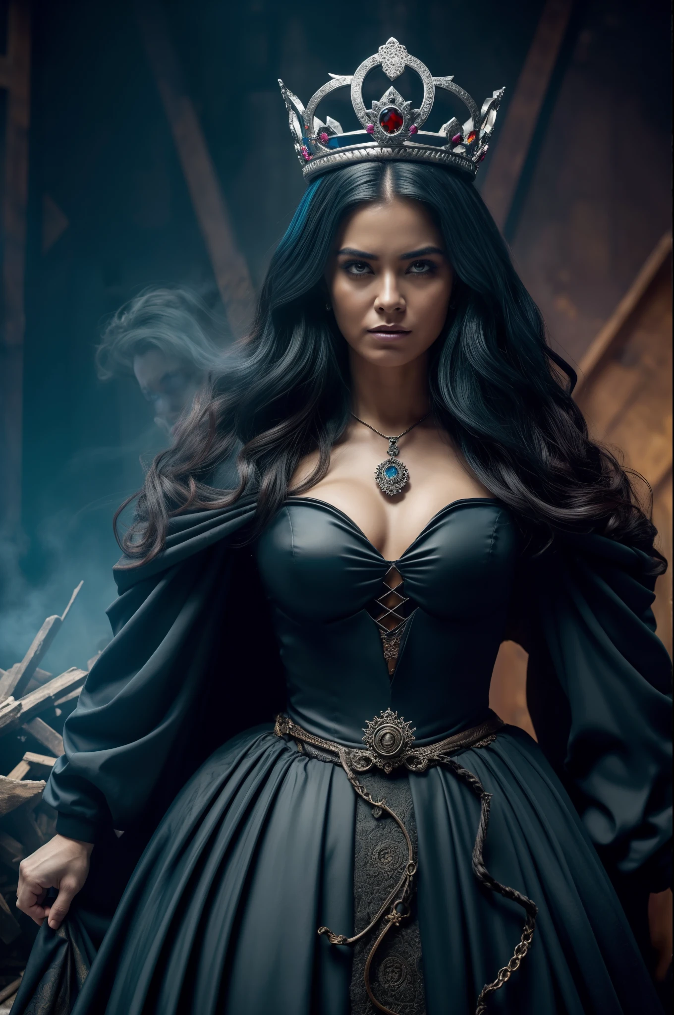 (obra maestra) (La mejor calidad) La diosa de la locura. Has a mocking and sinister expression., Lleva ropa hecha jirones, He wears a tarnished crown and stands on a shattered throne............. She is surrounded by a wind of chaotic fumes of strange colors....