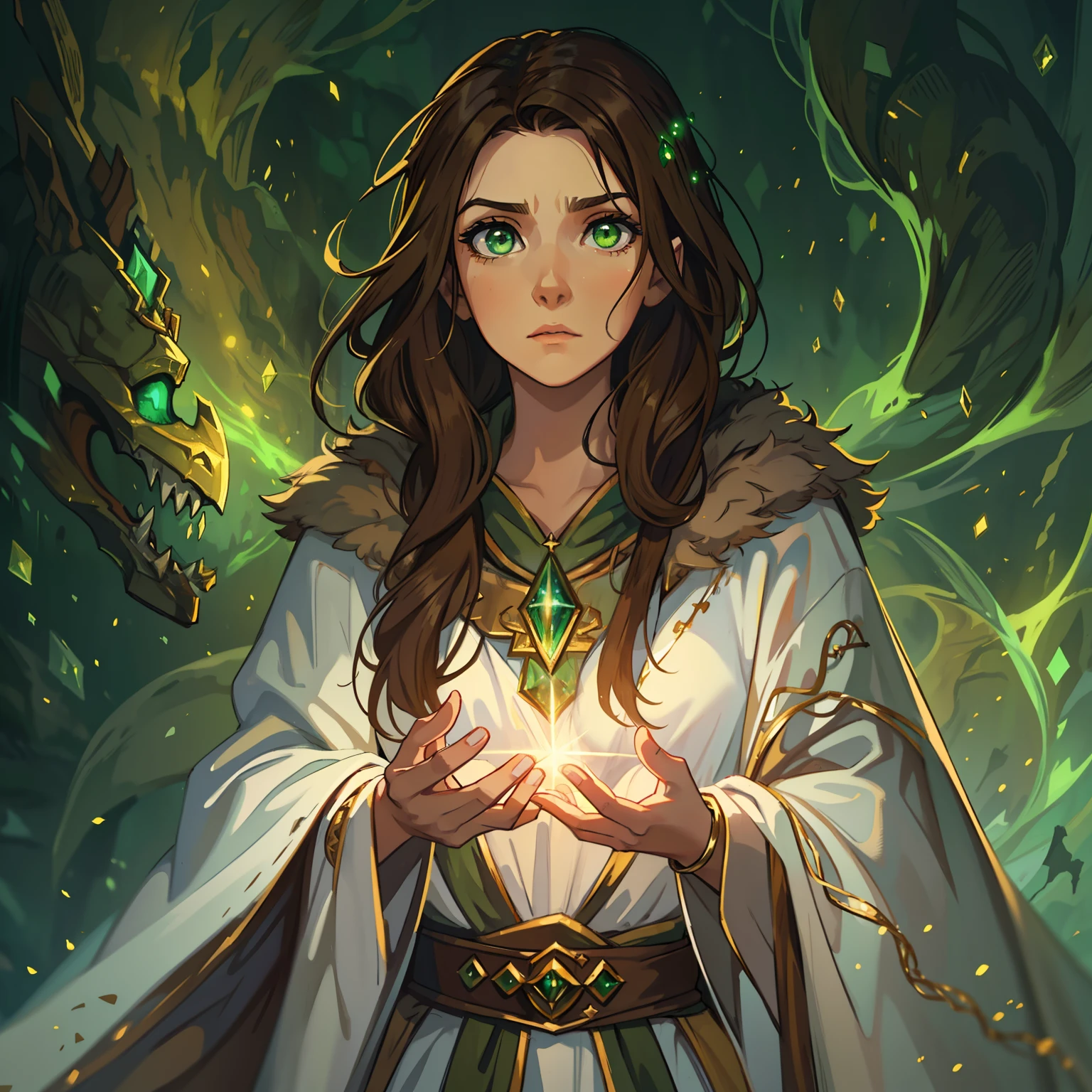 A beautiful woman with green eyes and brown hair she is a sorceress Wizard wearing white and gold robes Noble robes A princess of magic and a sad look of dramatic concern Expressive Green lights and elemental magic Elements of Nature Grandeur A background full of magic that represents the natural elements An art for an RPG A medieval art for RPG