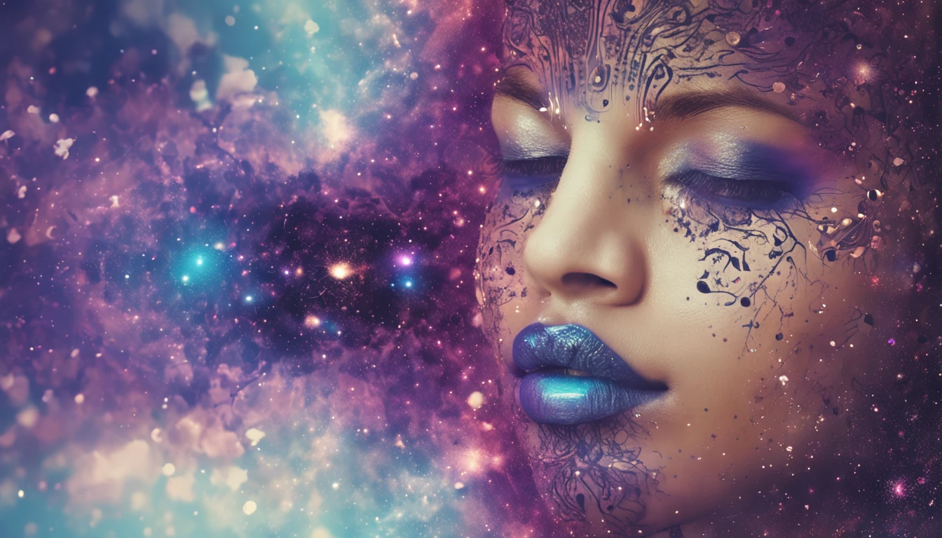Human face in deep meditation, serenidade, aura brilhante e sutil, universo em AZUL e violeta, Stars and galaxies, macio, ethereal clouds, connectedness, roots in the earth, branches to the starry sky, tons amarelados, serenidade, cosmic harmony, ROSTO BRANCO