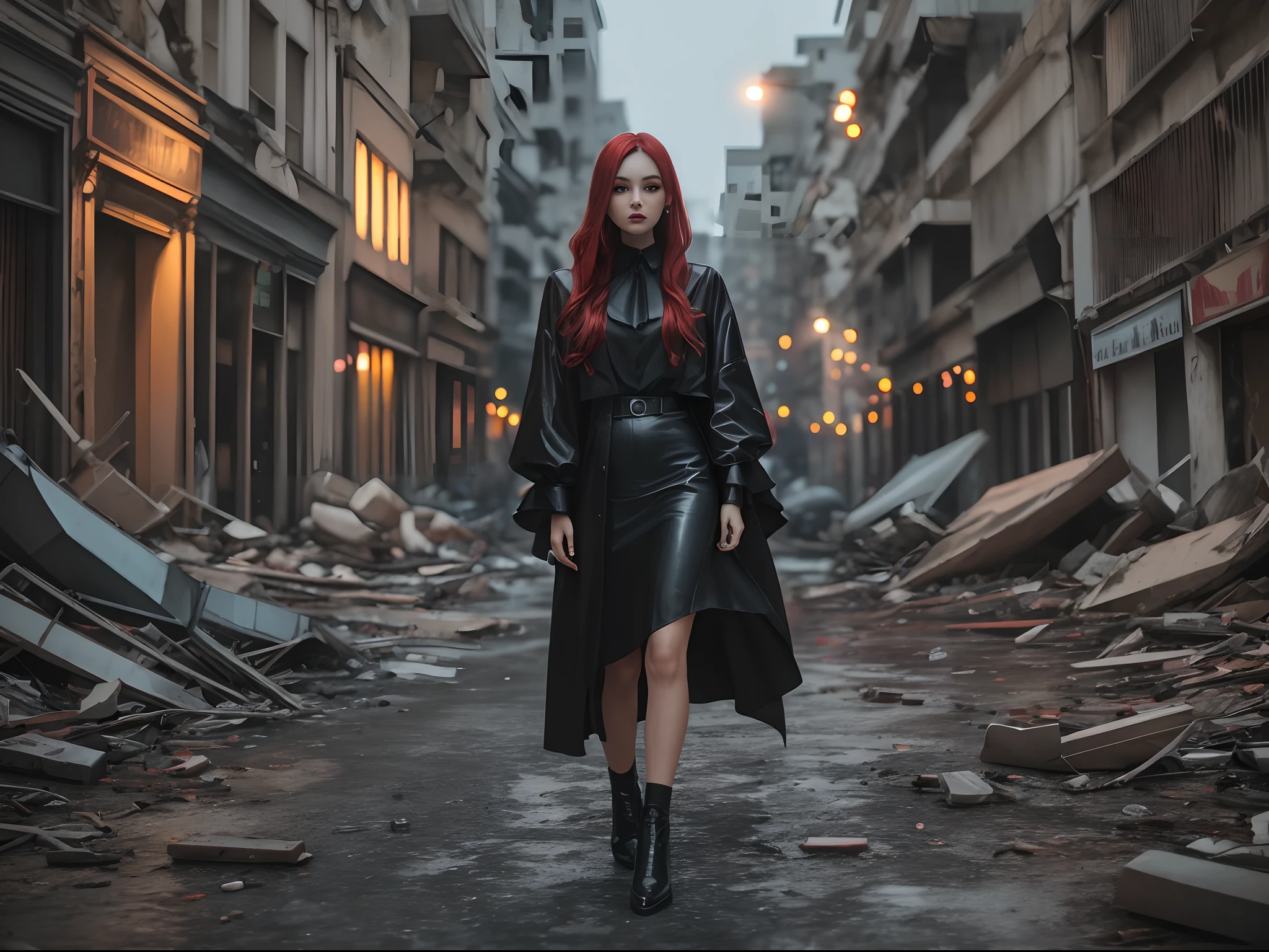 vampire red head woman as famous Instagram influencer wearing black outfit at night in ruined city looking at viewer, full body photo shoot --auto --s2